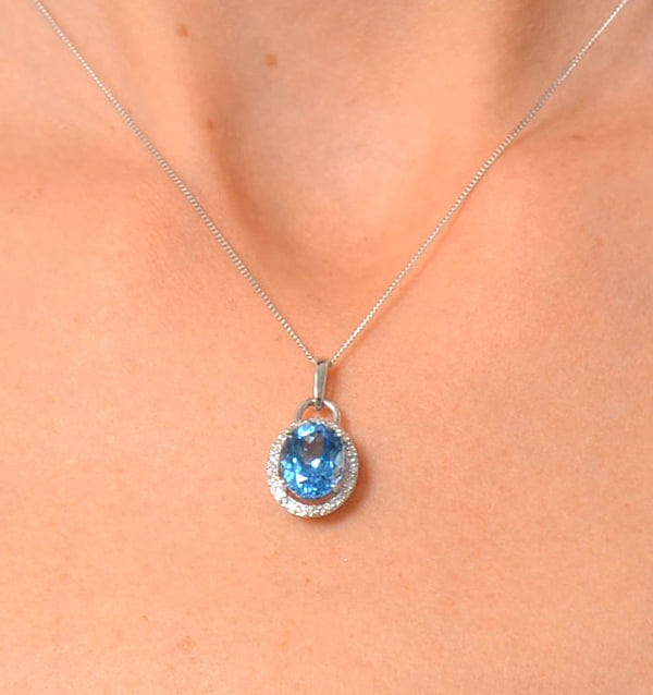 Diamond Blue Topaz 2.96CT And Diamond 9K White Gold Pendant Necklace