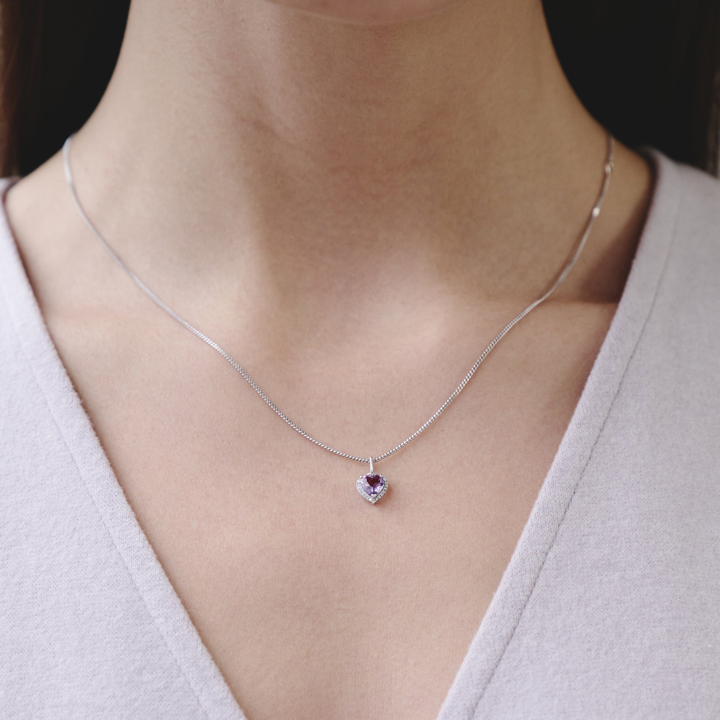 Diamond Stellato Amethyst and Diamond Heart Necklace in 9K White Gold