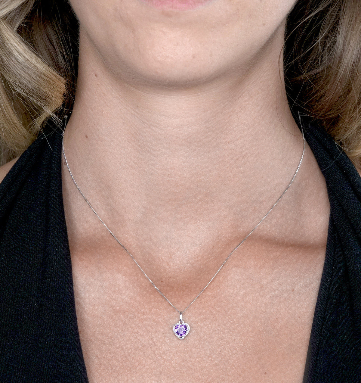 Diamond Stellato Amethyst and Diamond Heart Necklace in 9K White Gold