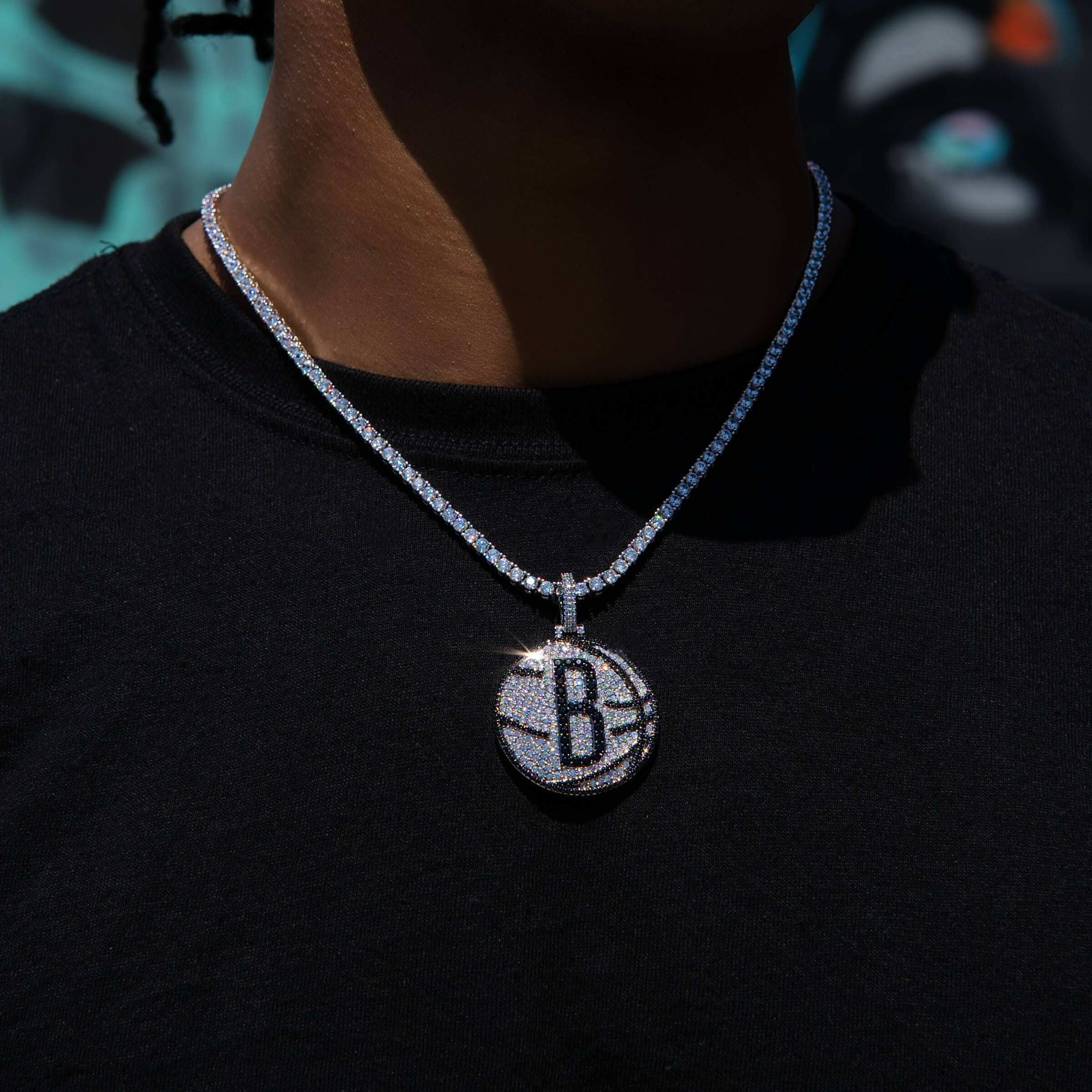 GLD Men Brooklyn Nets Official NBA Primary Logo Pendant in White Gold