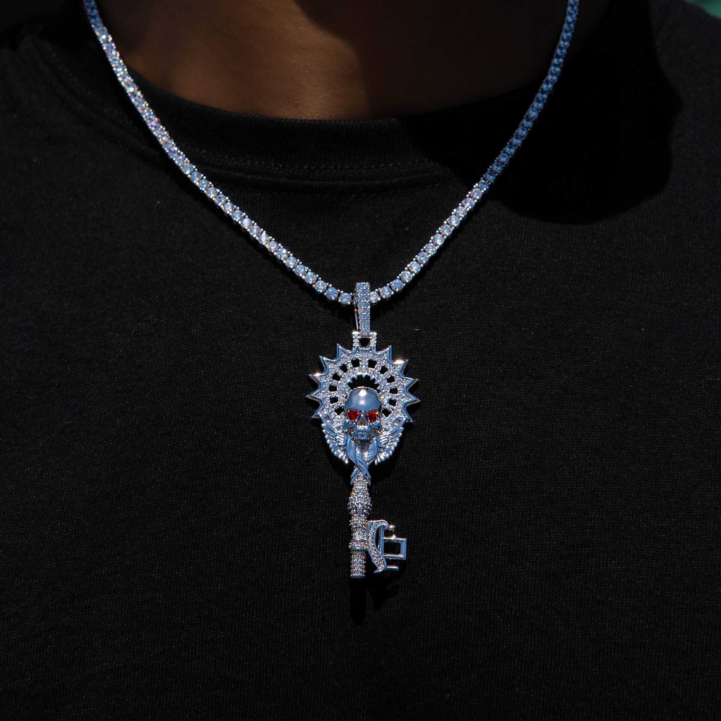 GLD Men Large Iced Skull Key Pendant in White Gold