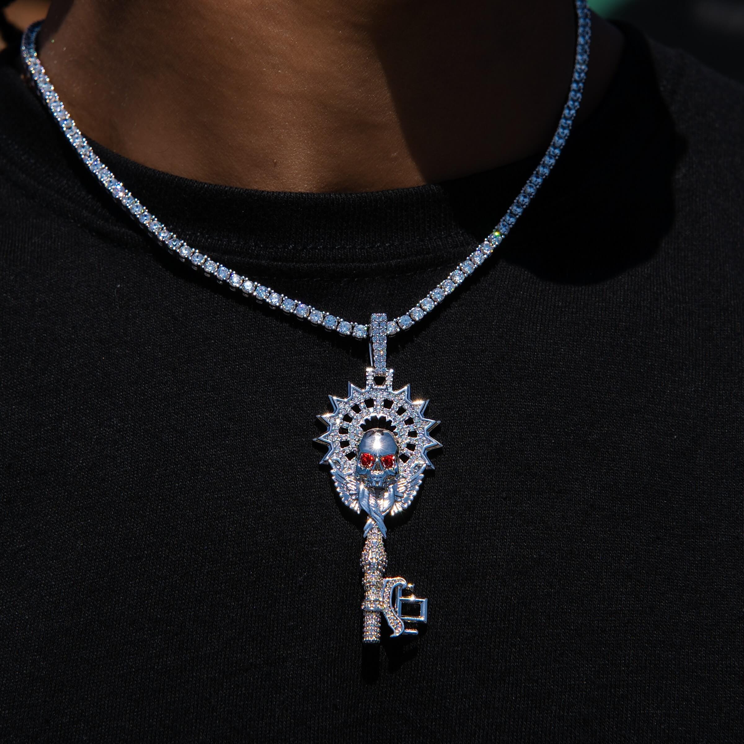 GLD Men Large Iced Skull Key Pendant in White Gold