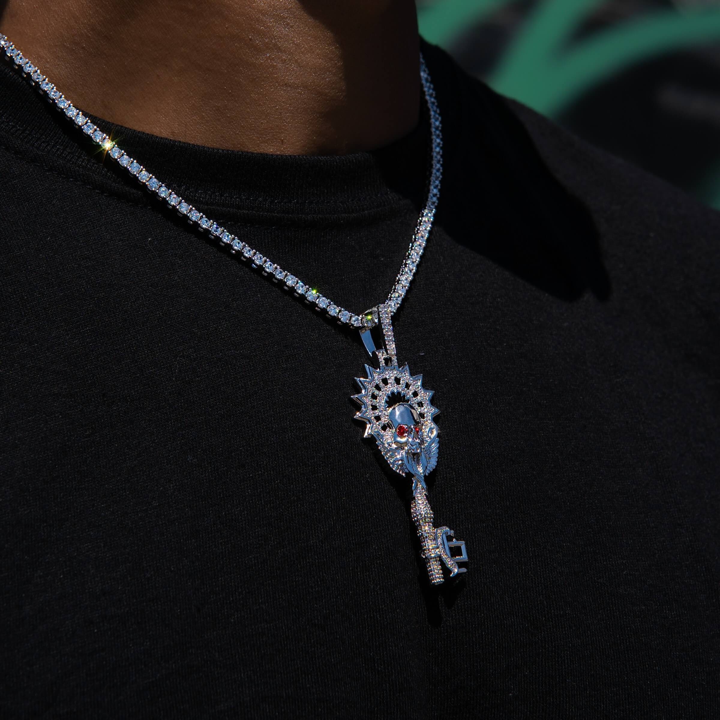 GLD Men Large Iced Skull Key Pendant in White Gold