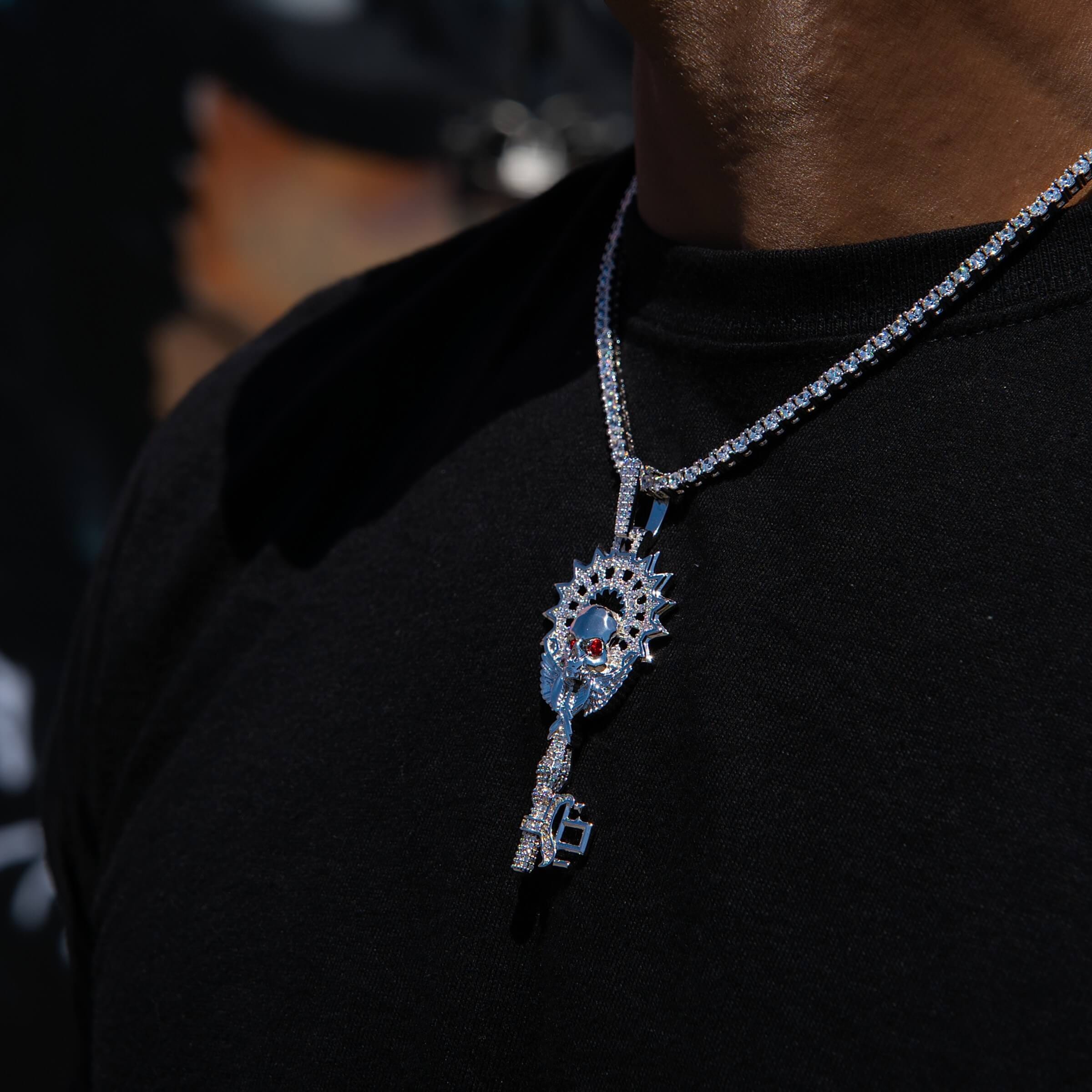GLD Men Large Iced Skull Key Pendant in White Gold