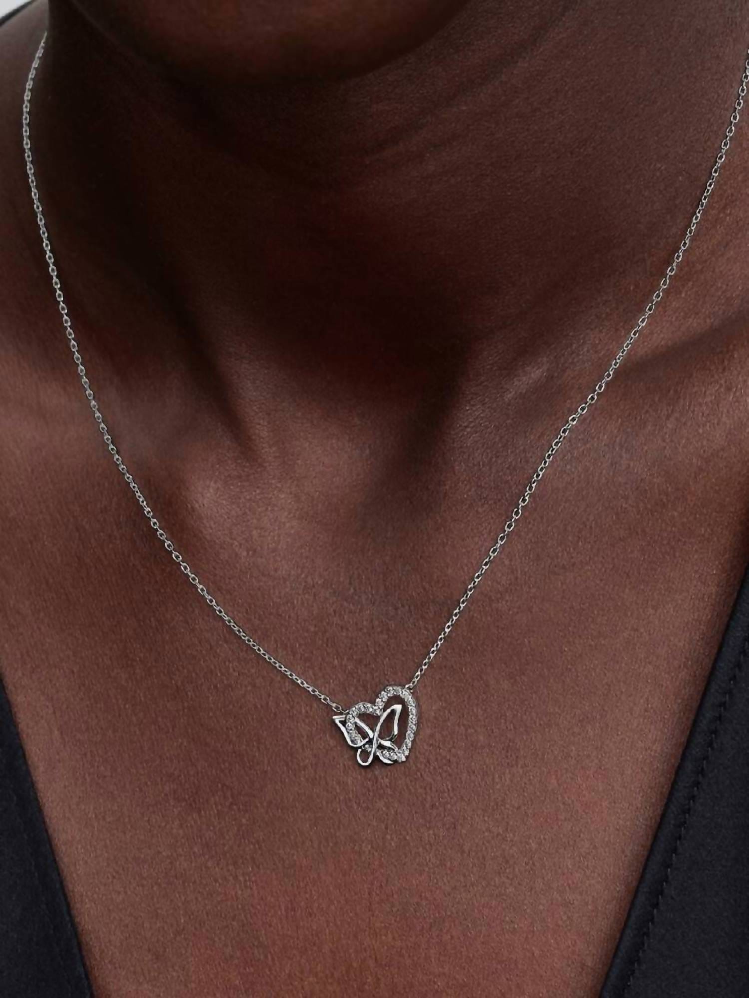 BUTTERFLY Entwined Heart & Butterfly Pendant Necklace In Silver