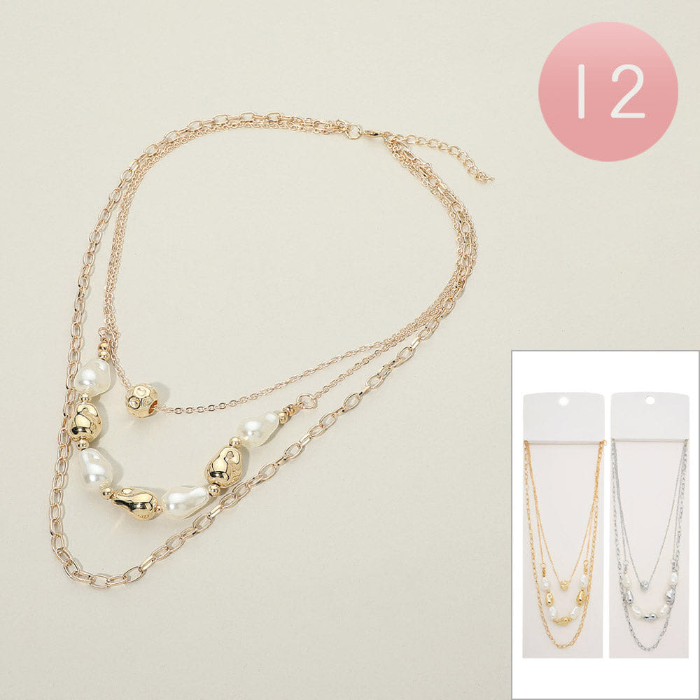 TRIPLE 12PCS - Pearl Metal Pebble Beaded Triple Layered Necklaces
