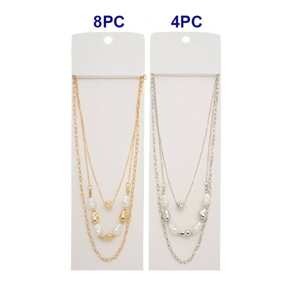 TRIPLE 12PCS - Pearl Metal Pebble Beaded Triple Layered Necklaces