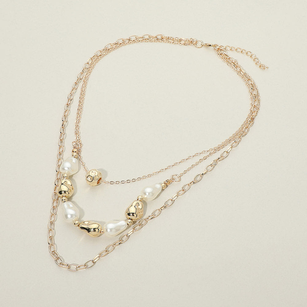 TRIPLE 12PCS - Pearl Metal Pebble Beaded Triple Layered Necklaces