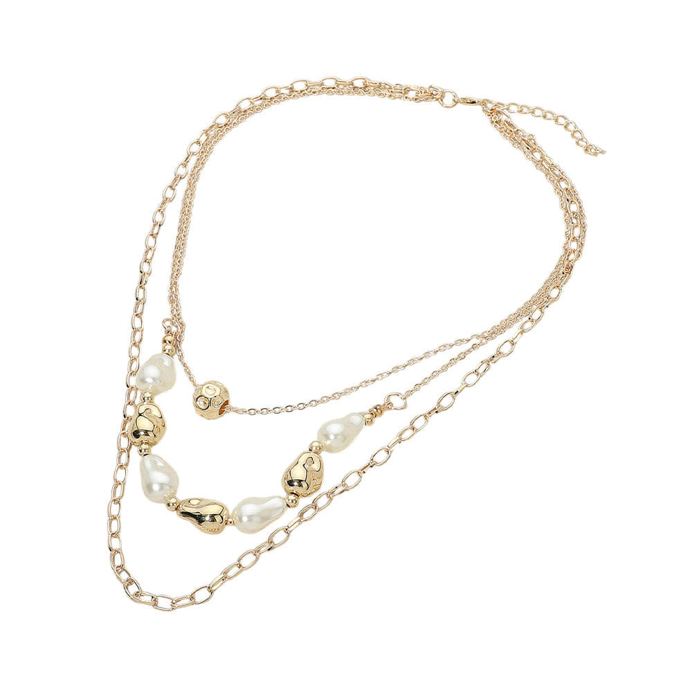 TRIPLE 12PCS - Pearl Metal Pebble Beaded Triple Layered Necklaces