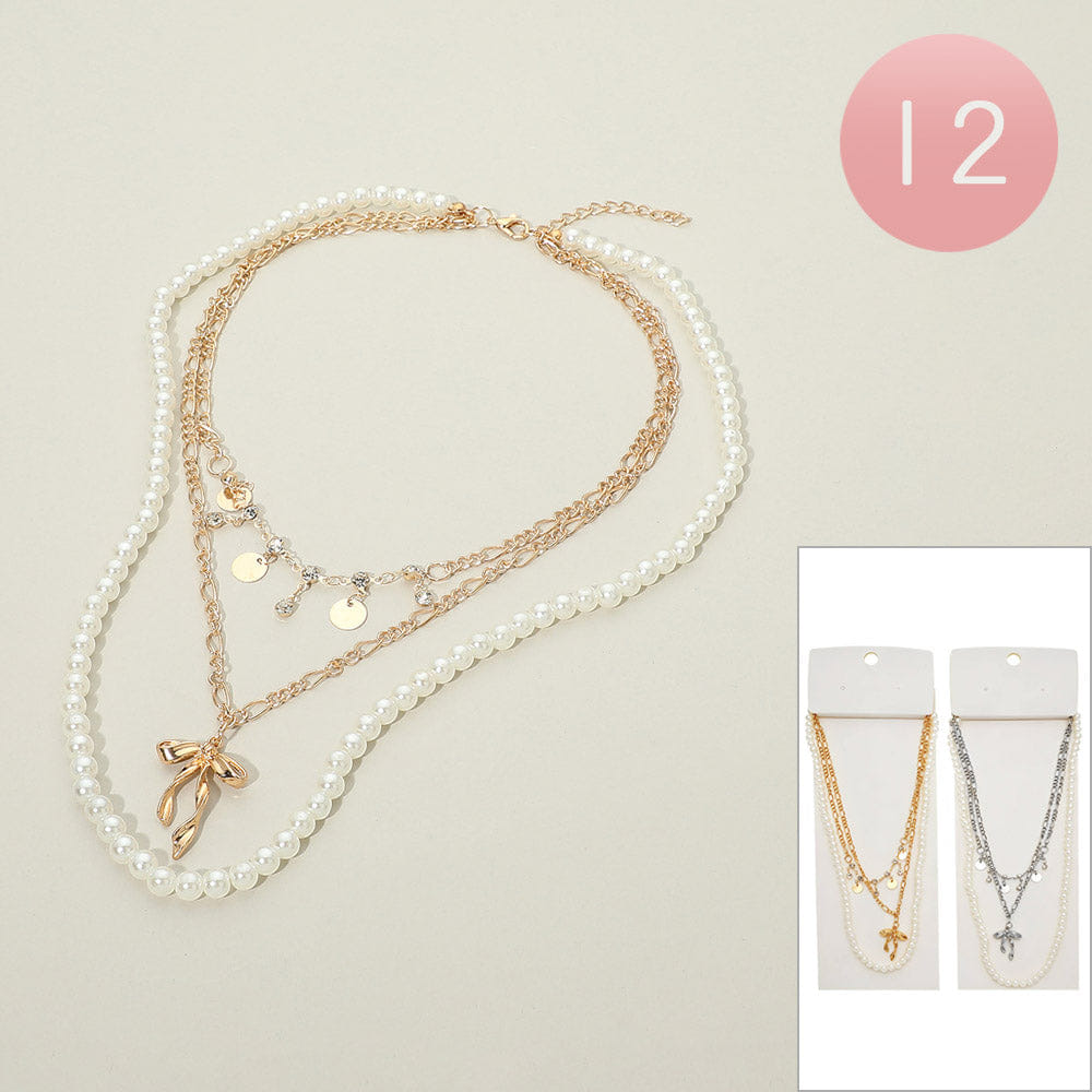 Pearl 12PCS - Bow Pendant Accent Disc Charm Station Pearl Beaded Layered Chain Necklaces