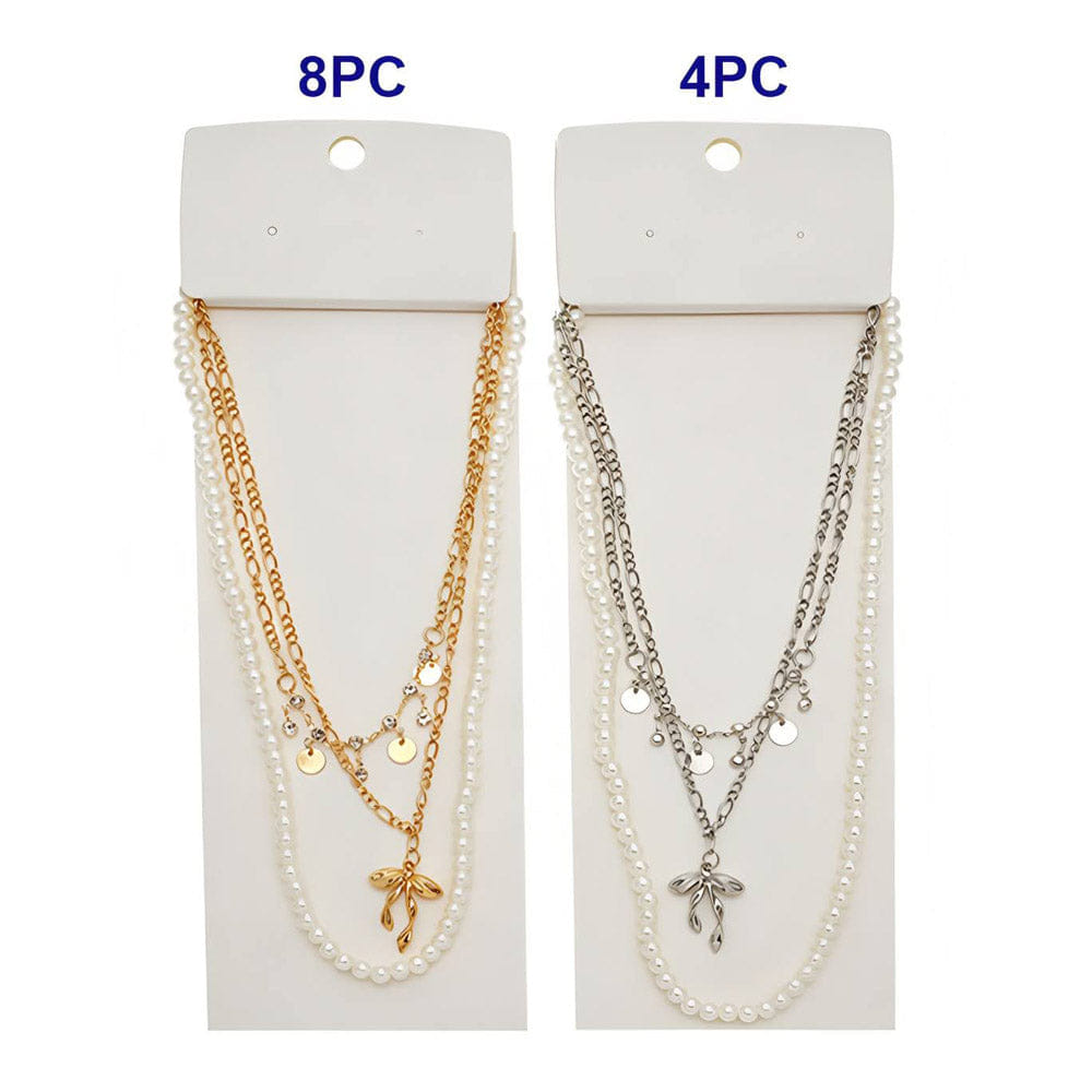 Pearl 12PCS - Bow Pendant Accent Disc Charm Station Pearl Beaded Layered Chain Necklaces