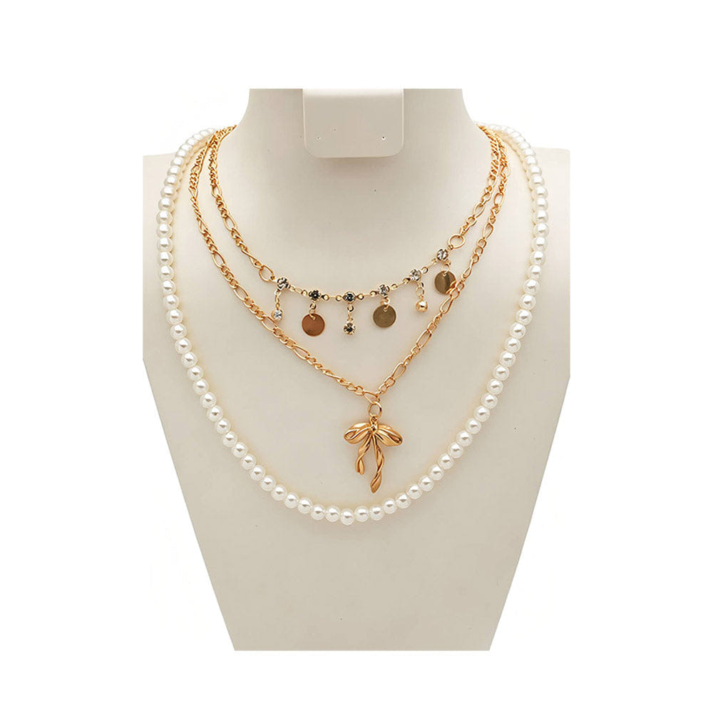 Pearl 12PCS - Bow Pendant Accent Disc Charm Station Pearl Beaded Layered Chain Necklaces