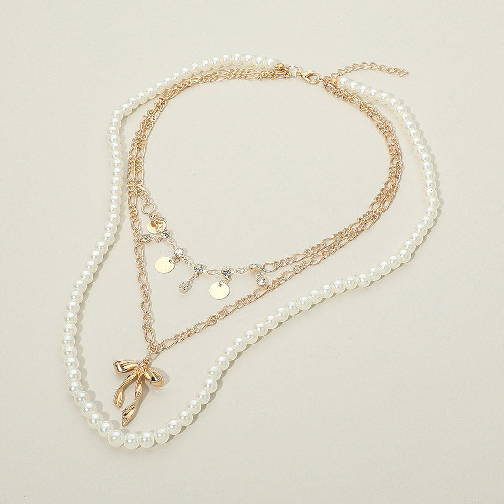 Pearl 12PCS - Bow Pendant Accent Disc Charm Station Pearl Beaded Layered Chain Necklaces