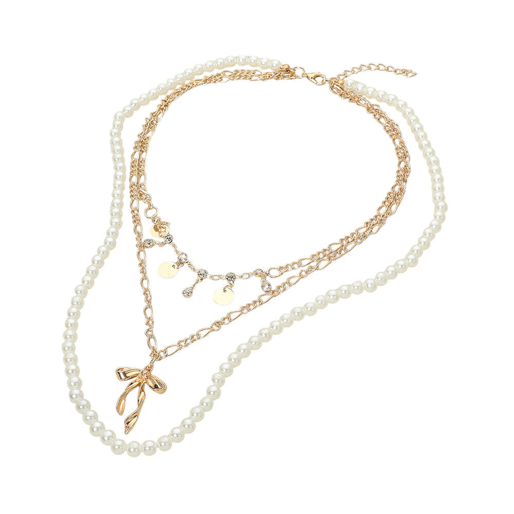 Pearl 12PCS - Bow Pendant Accent Disc Charm Station Pearl Beaded Layered Chain Necklaces