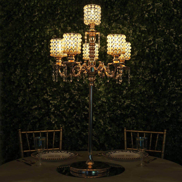 Pearl Metal Pearl Beaded Candelabra in Gold 6 - Arm - Stylish Table Centerpiece with Crystal Chandelier Pendants