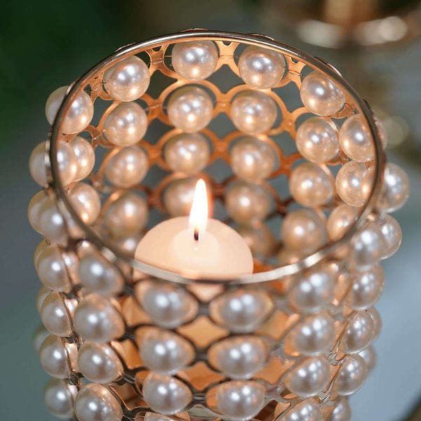 Pearl Metal Pearl Beaded Candelabra in Gold 6 - Arm - Stylish Table Centerpiece with Crystal Chandelier Pendants