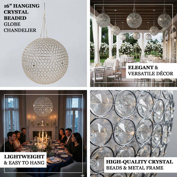 Globe 16" Crystal Globe Chandelier Pendant – Hanging Beaded Ball with Silver Metal Hook & Chain, Decorative Accent