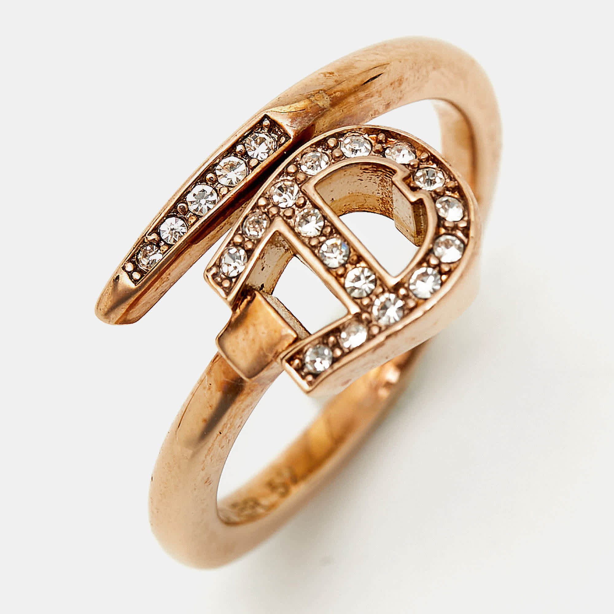 Aigner Logo Crystals Rose Gold Tone Ring