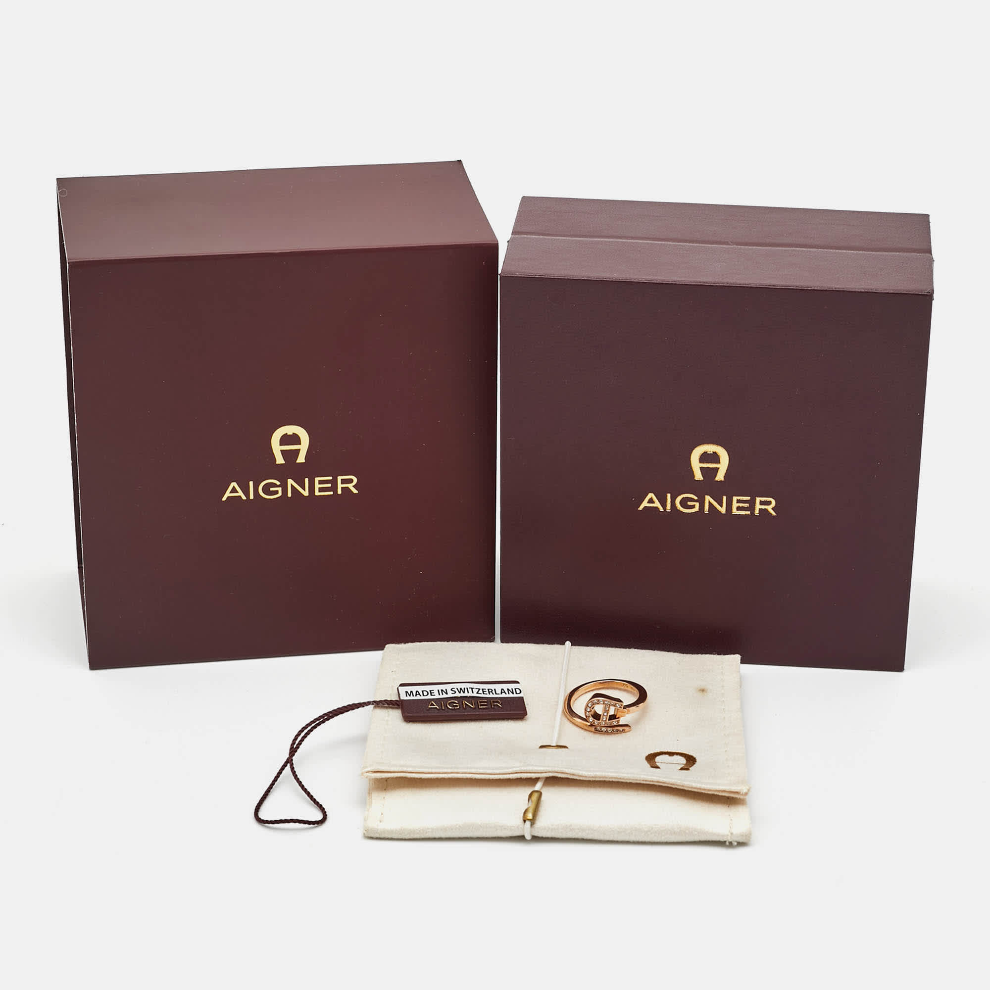 Aigner Logo Crystals Rose Gold Tone Ring