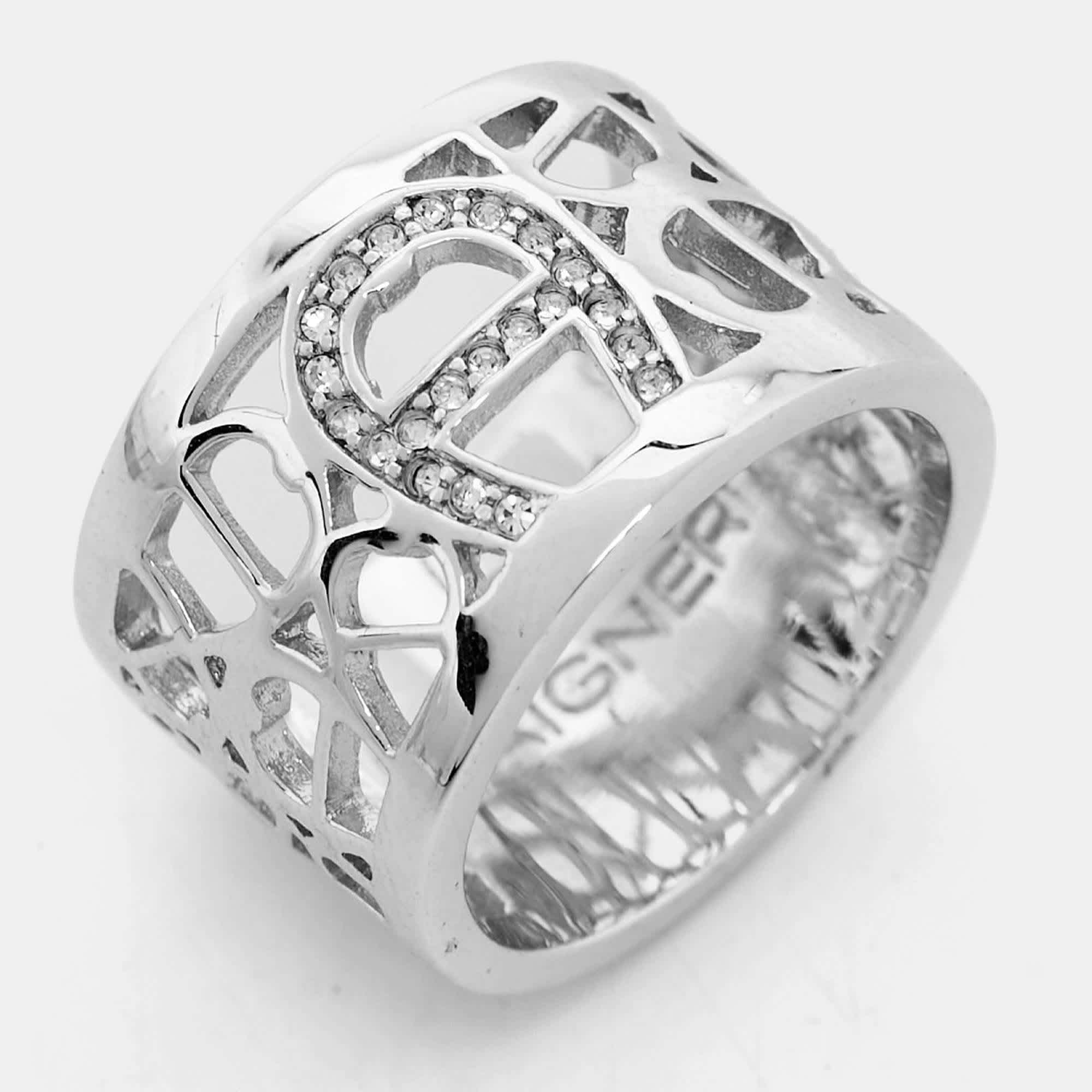 Aigner Logo Crystals Silver Tone Ring