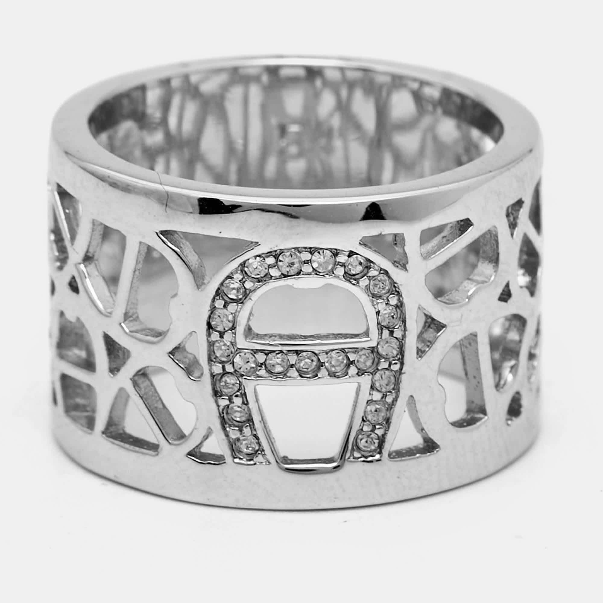 Aigner Logo Crystals Silver Tone Ring