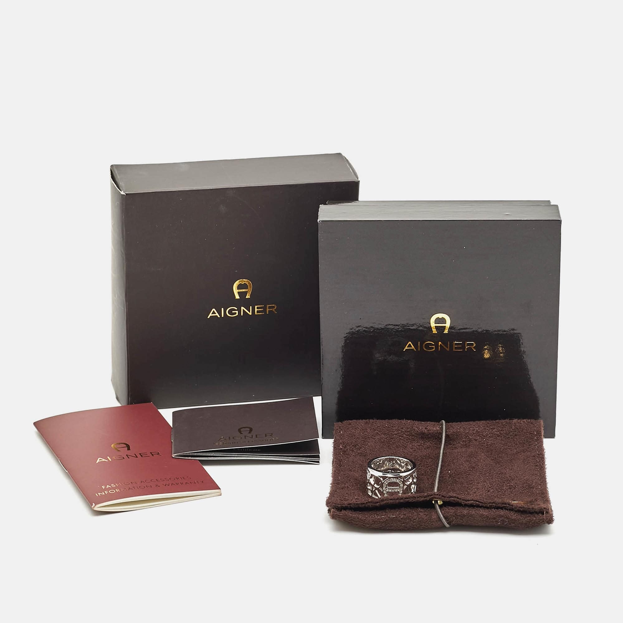 Aigner Logo Crystals Silver Tone Ring