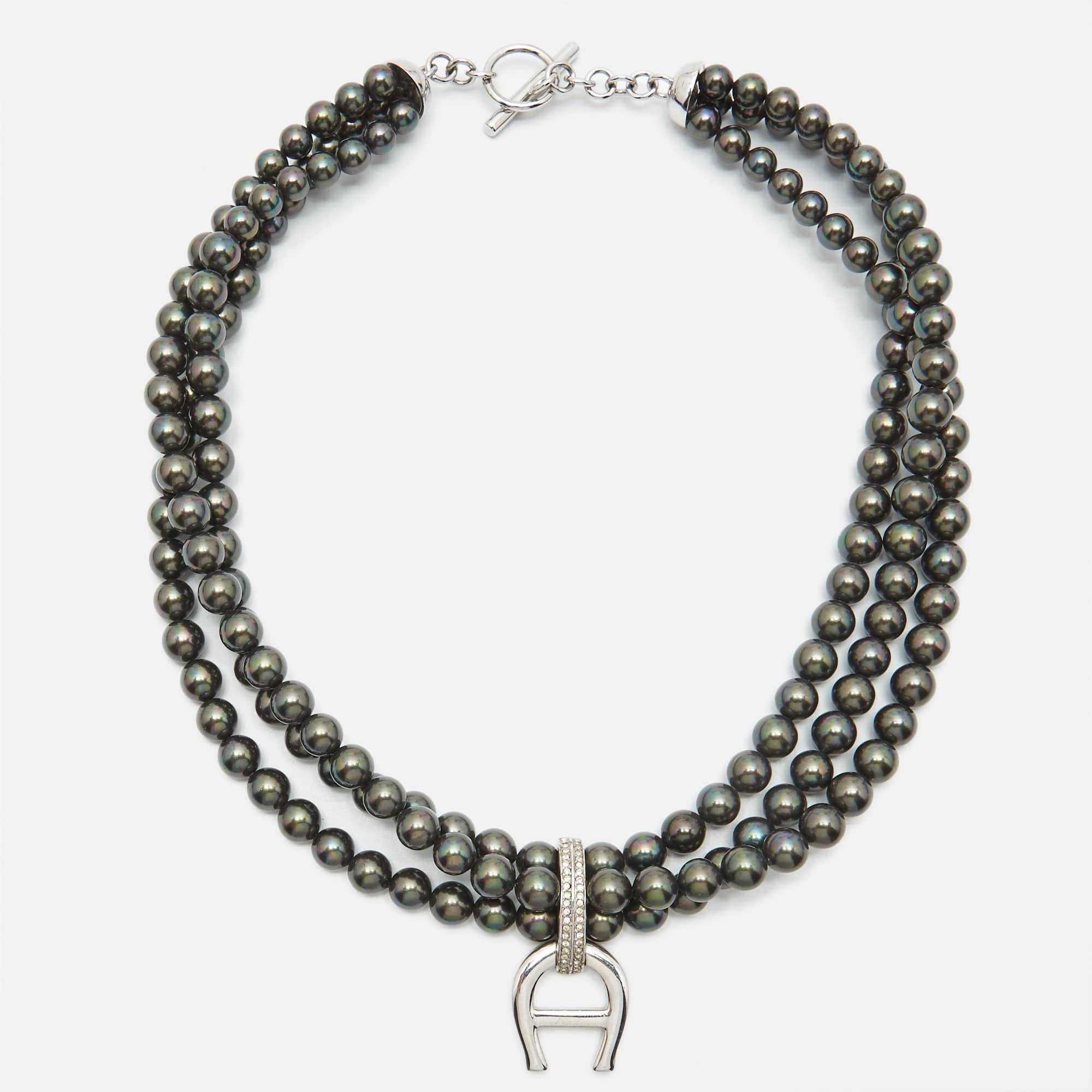 Aigner Logo Crystals Black Faux Pearls Silver Tone Multistrand Necklace