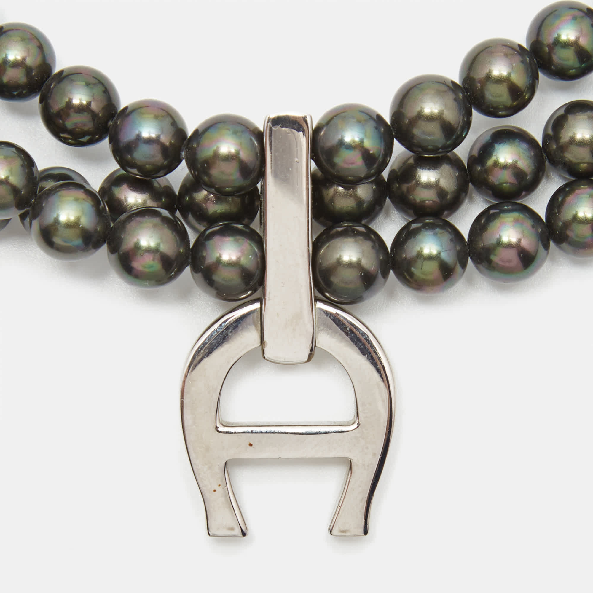 Aigner Logo Crystals Black Faux Pearls Silver Tone Multistrand Necklace