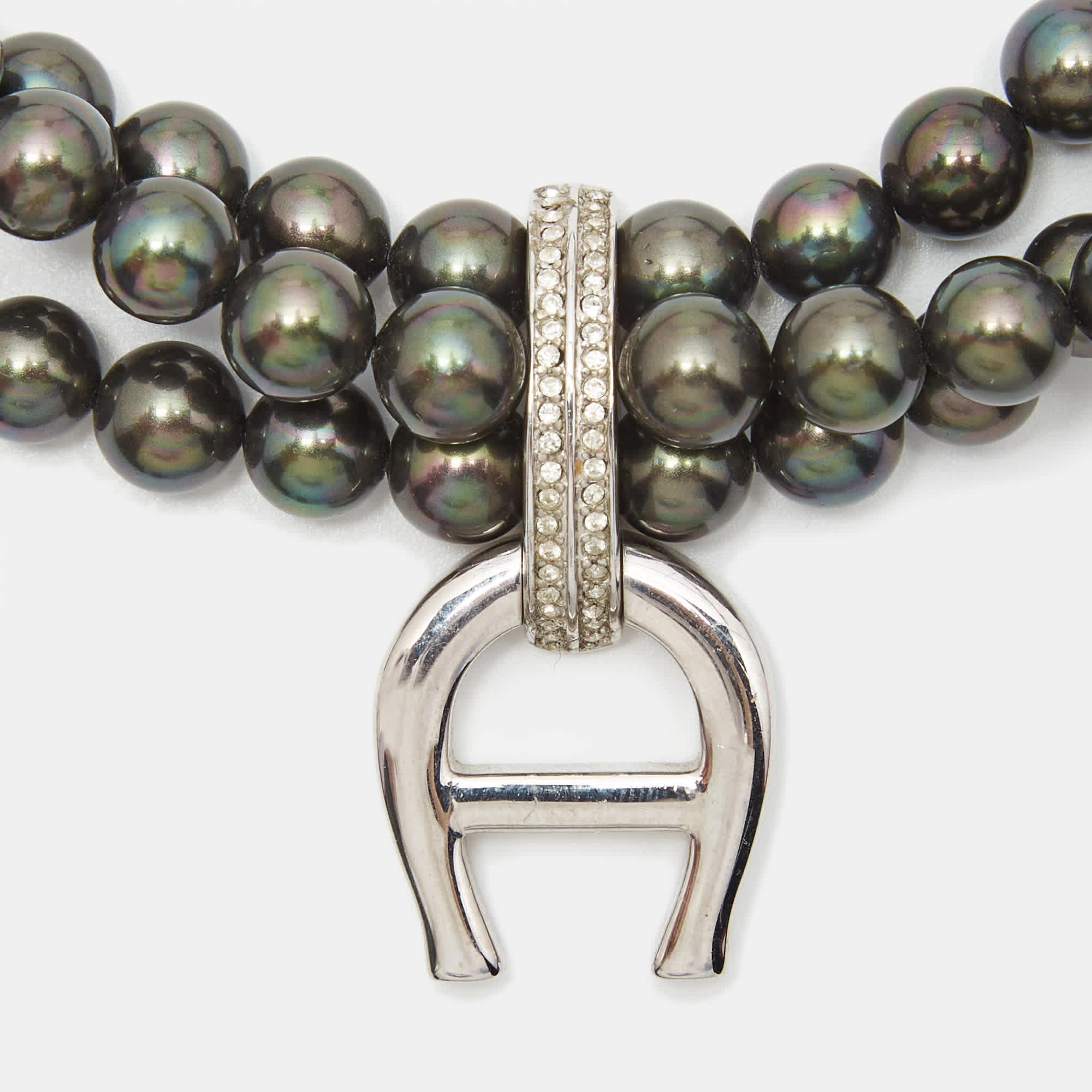 Aigner Logo Crystals Black Faux Pearls Silver Tone Multistrand Necklace