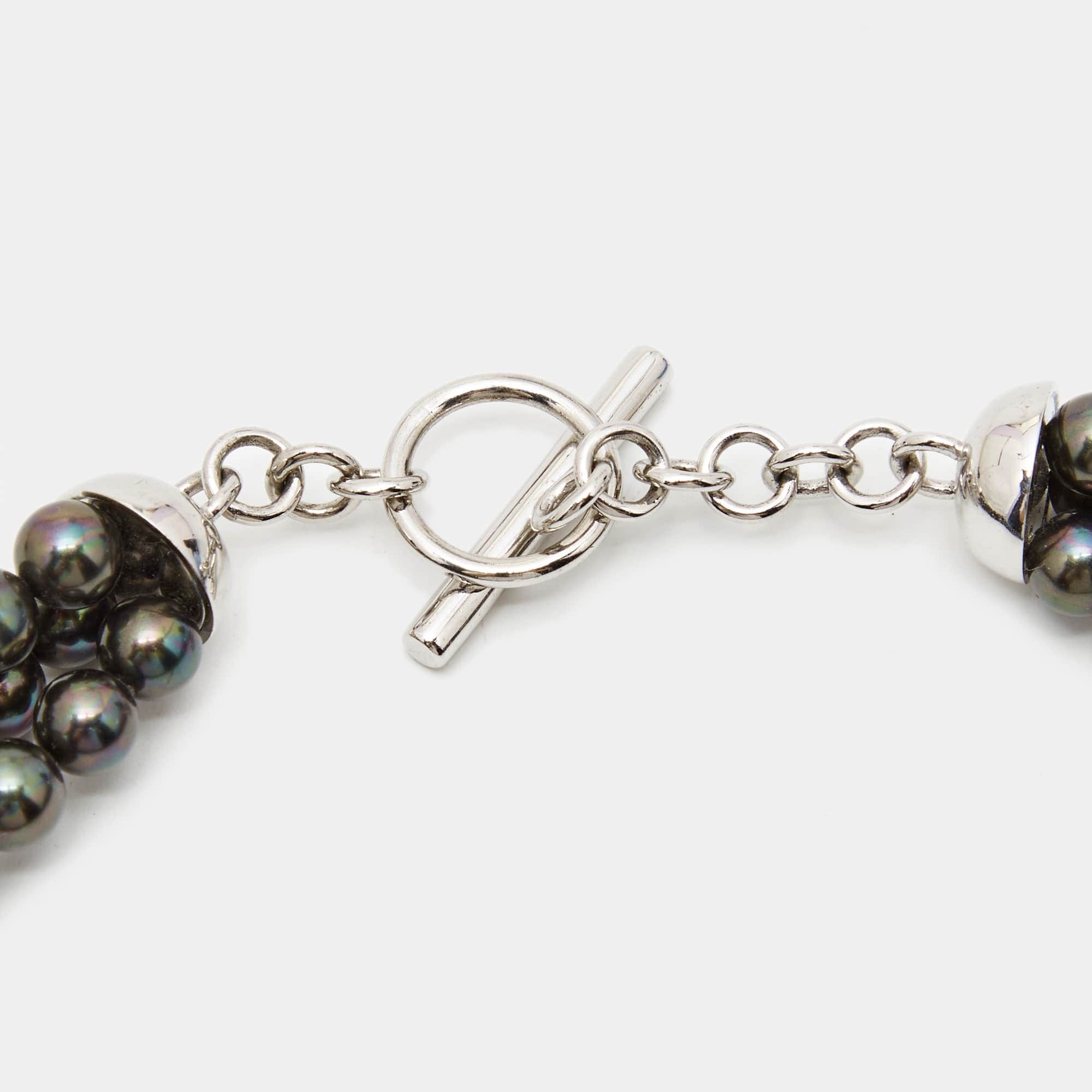 Aigner Logo Crystals Black Faux Pearls Silver Tone Multistrand Necklace