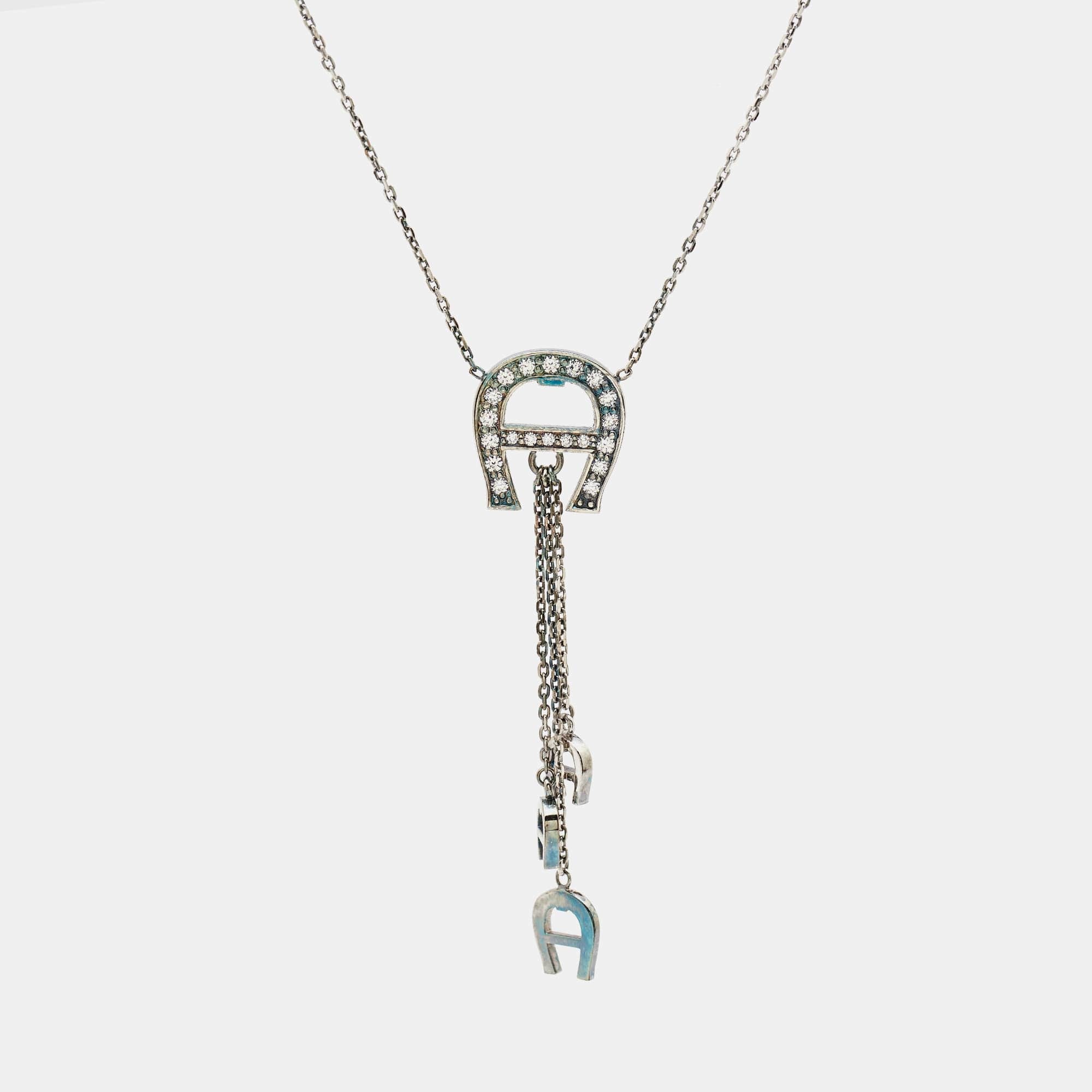 Aigner Logo Crystals Sterling Silver Pendant Necklace