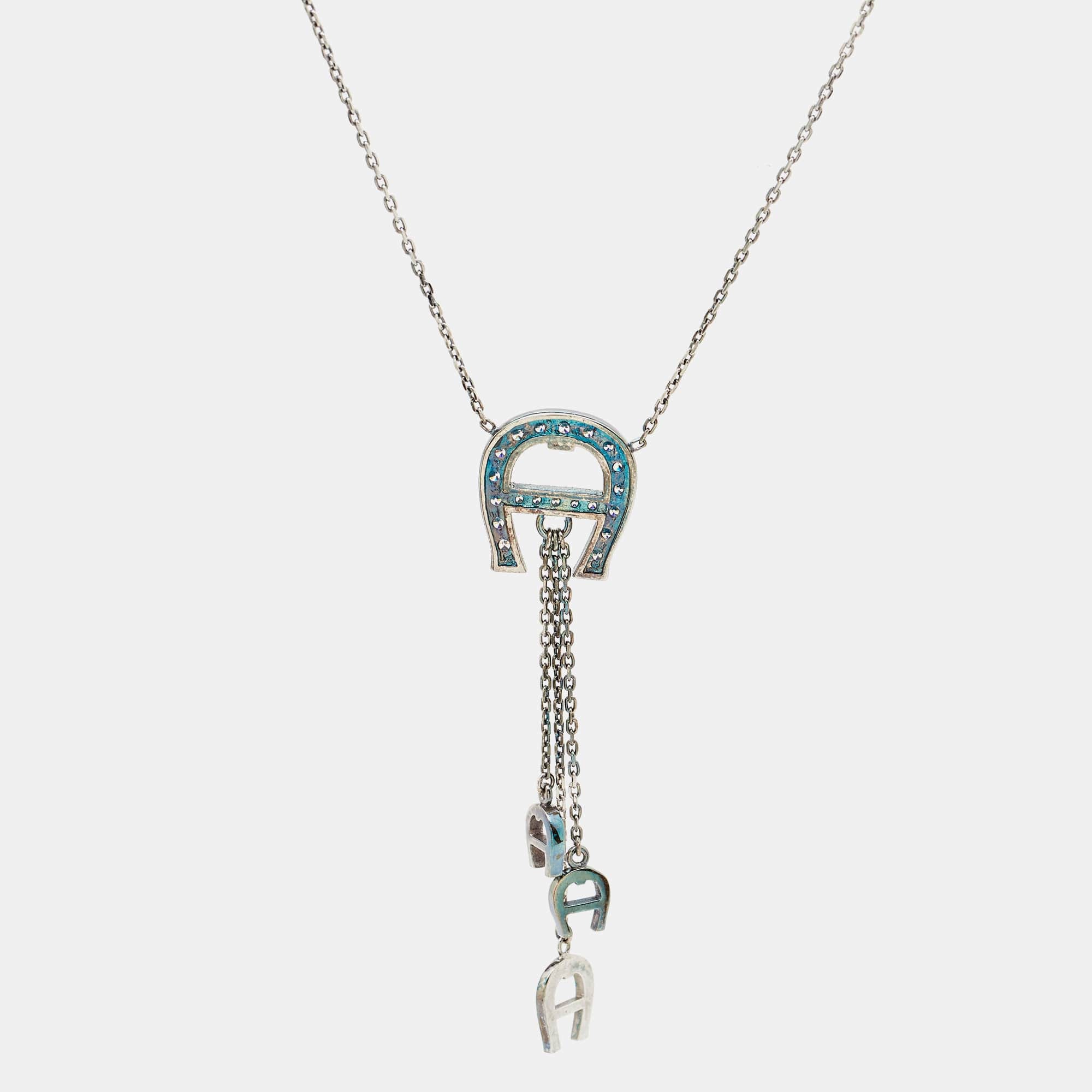 Aigner Logo Crystals Sterling Silver Pendant Necklace