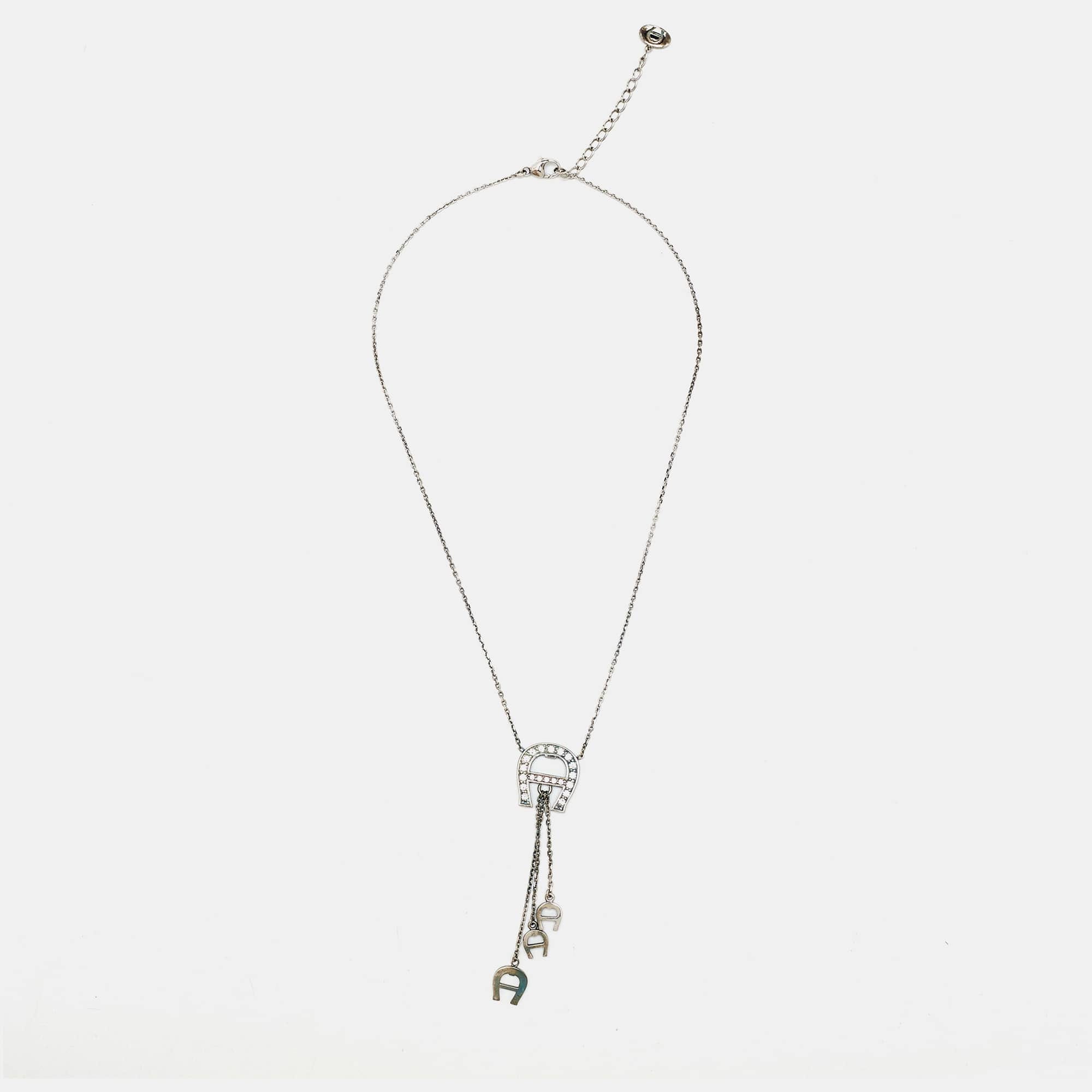 Aigner Logo Crystals Sterling Silver Pendant Necklace