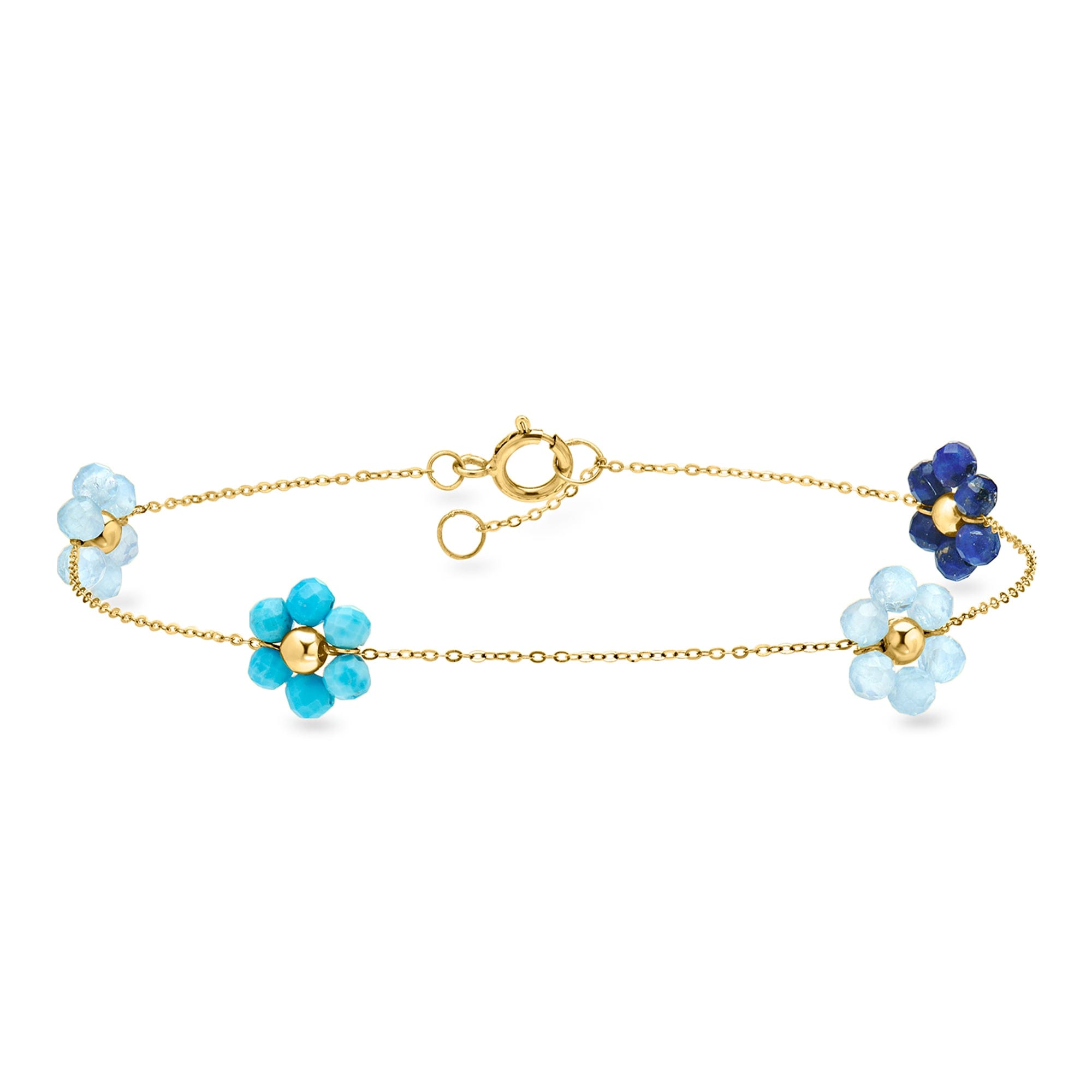 Flower RS Pure by Ross - Simons Lapis, Turquoise and Aquamarine Bead Flower Station Bracelet in 14kt Yellow Gold