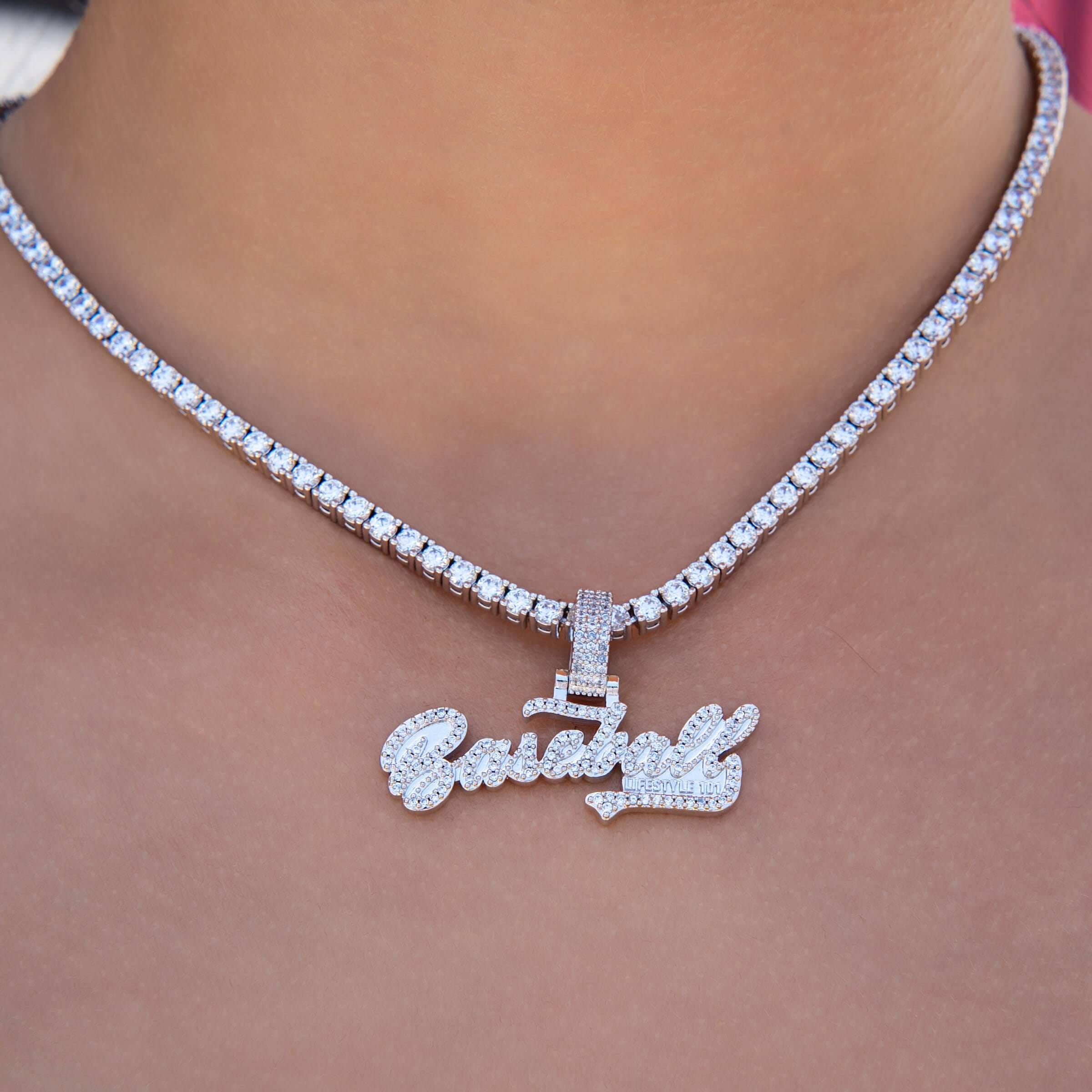 GLD Women Baseball 101 Iced Wordmark Pendant in White Gold