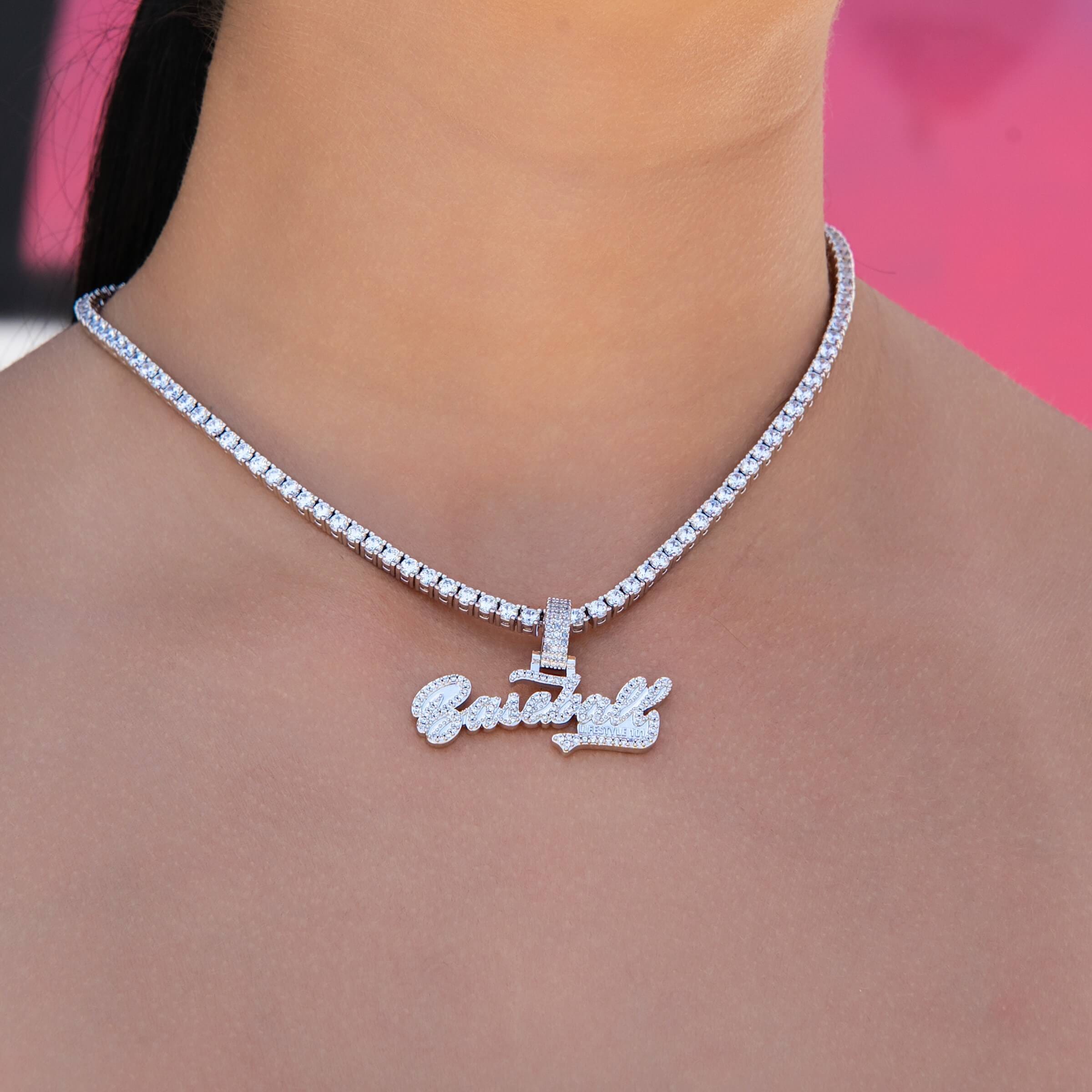 GLD Women Baseball 101 Iced Wordmark Pendant in White Gold