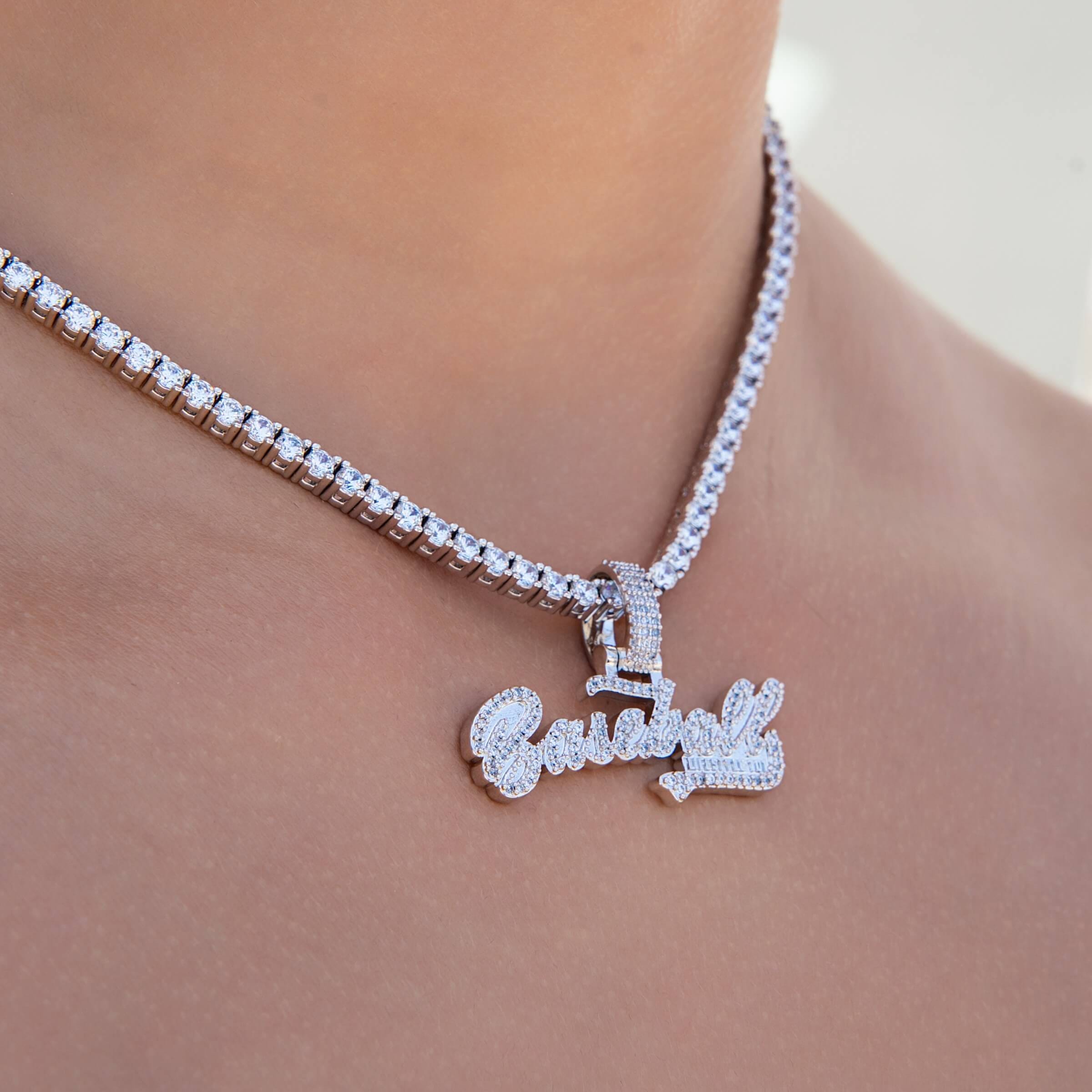GLD Women Baseball 101 Iced Wordmark Pendant in White Gold