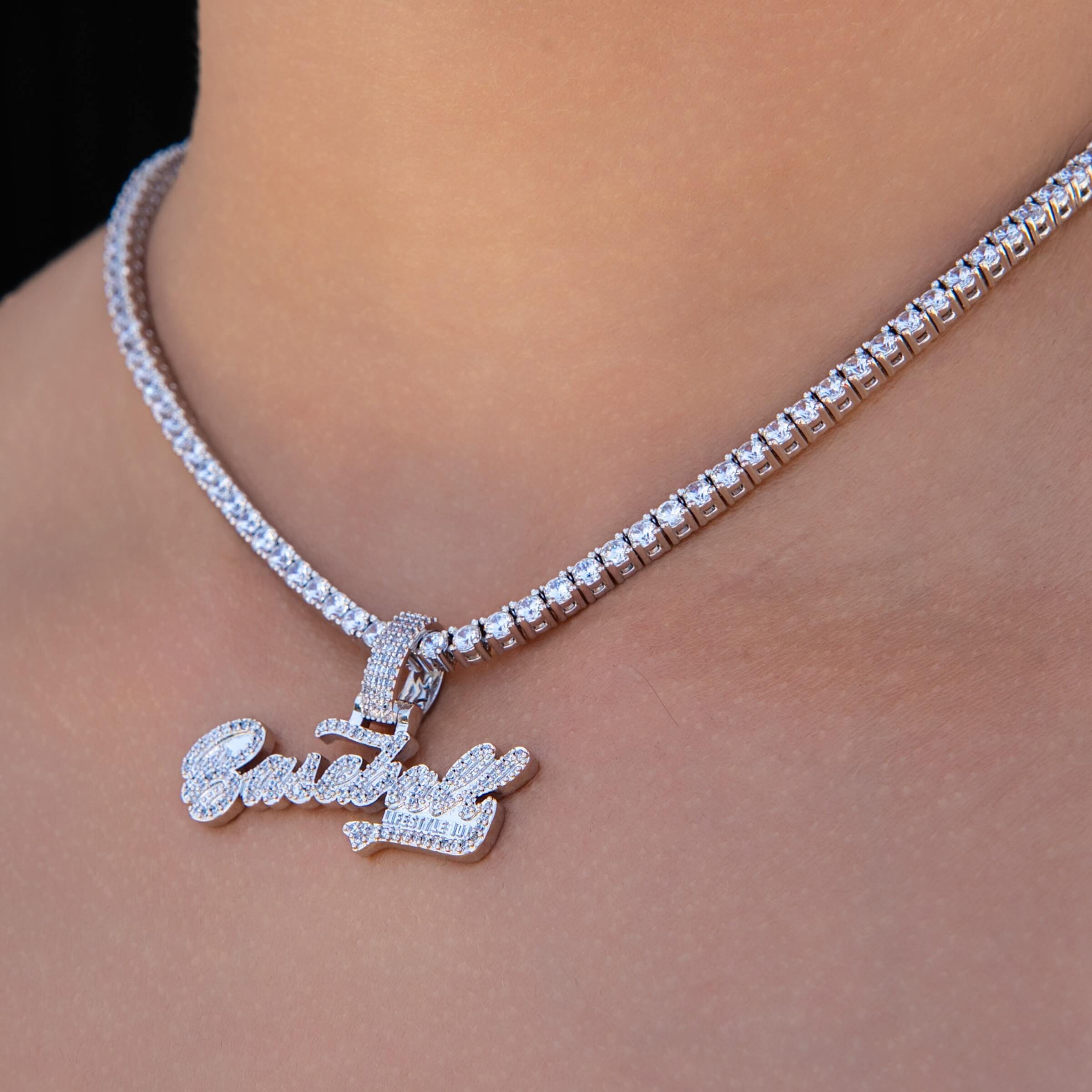 GLD Women Baseball 101 Iced Wordmark Pendant in White Gold