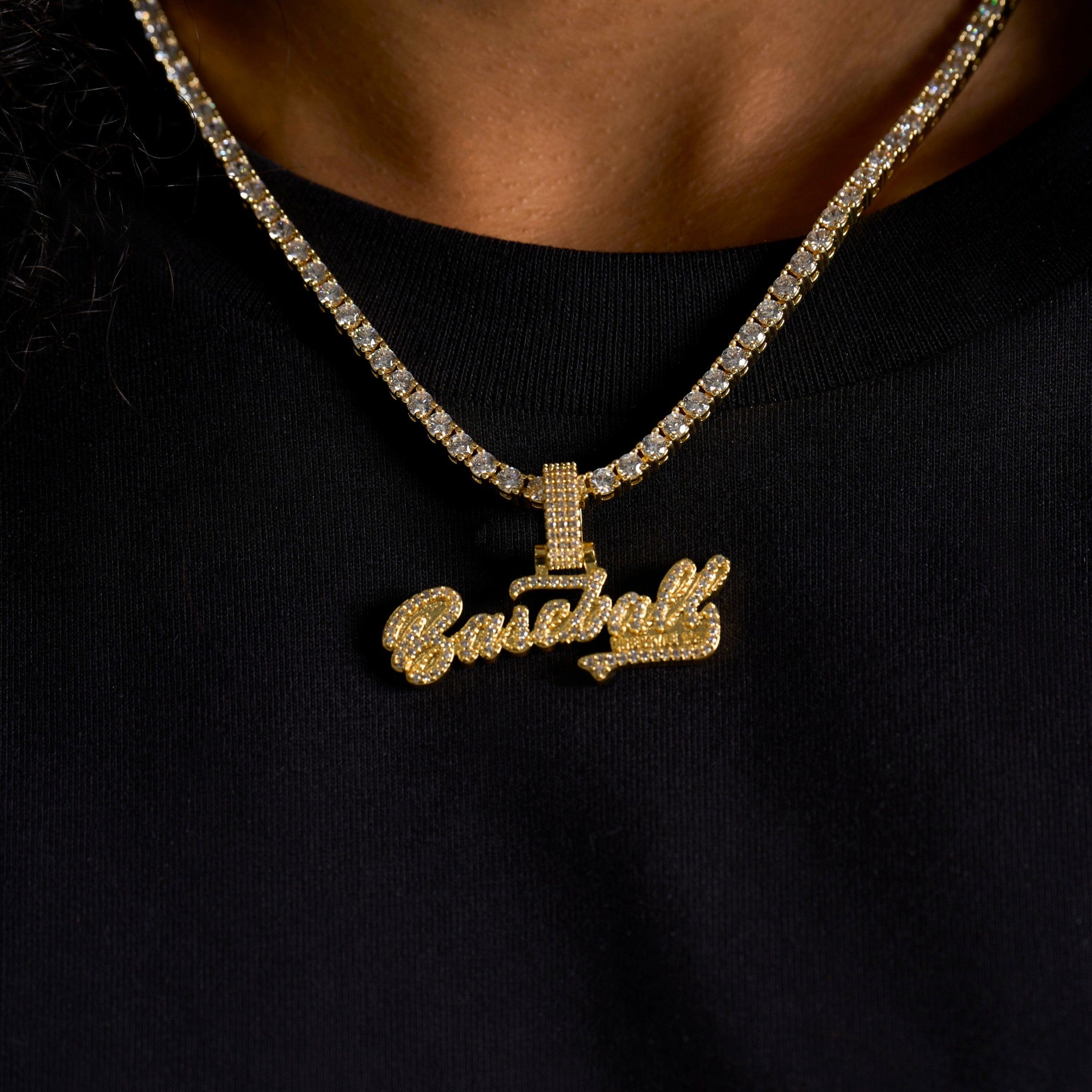 GLD Men Baseball 101 Iced Wordmark Pendant in Yellow Gold