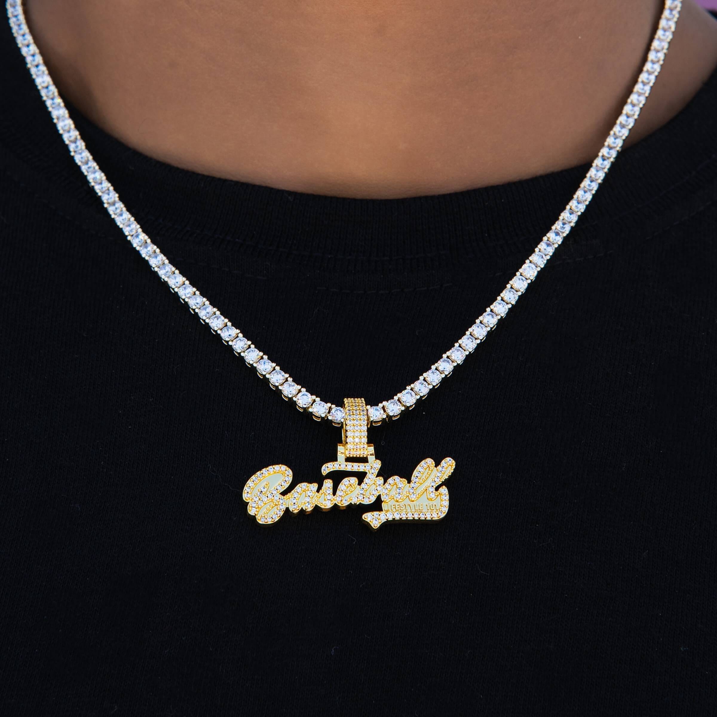 GLD Men Baseball 101 Iced Wordmark Pendant in Yellow Gold