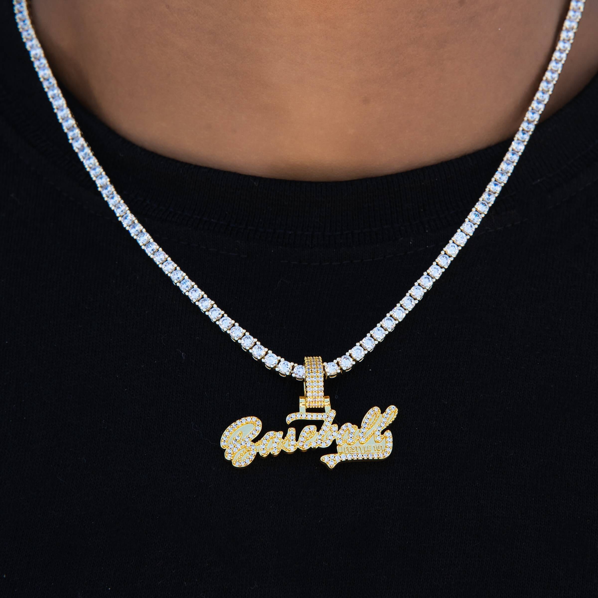GLD Men Baseball 101 Iced Wordmark Pendant in Yellow Gold
