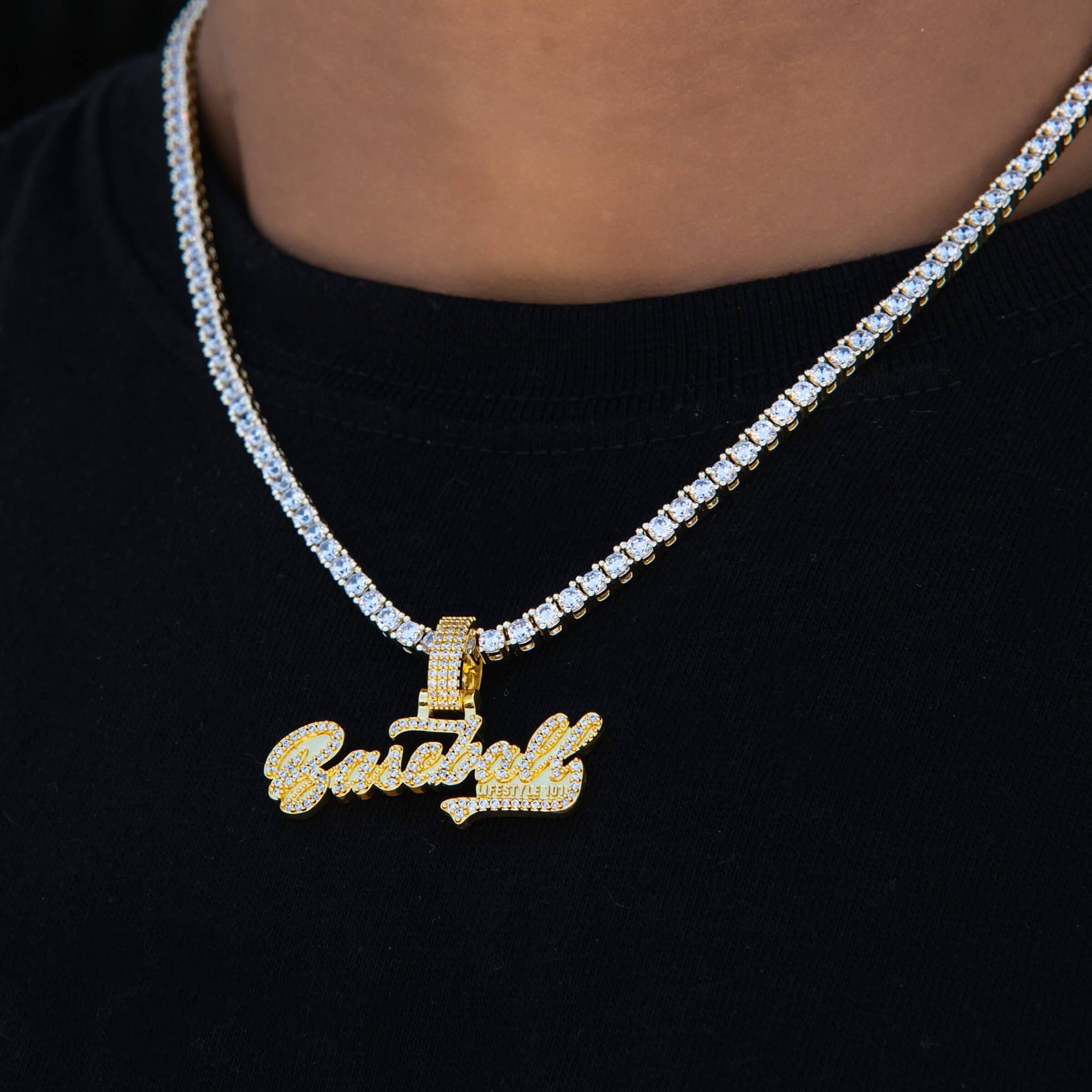GLD Men Baseball 101 Iced Wordmark Pendant in Yellow Gold