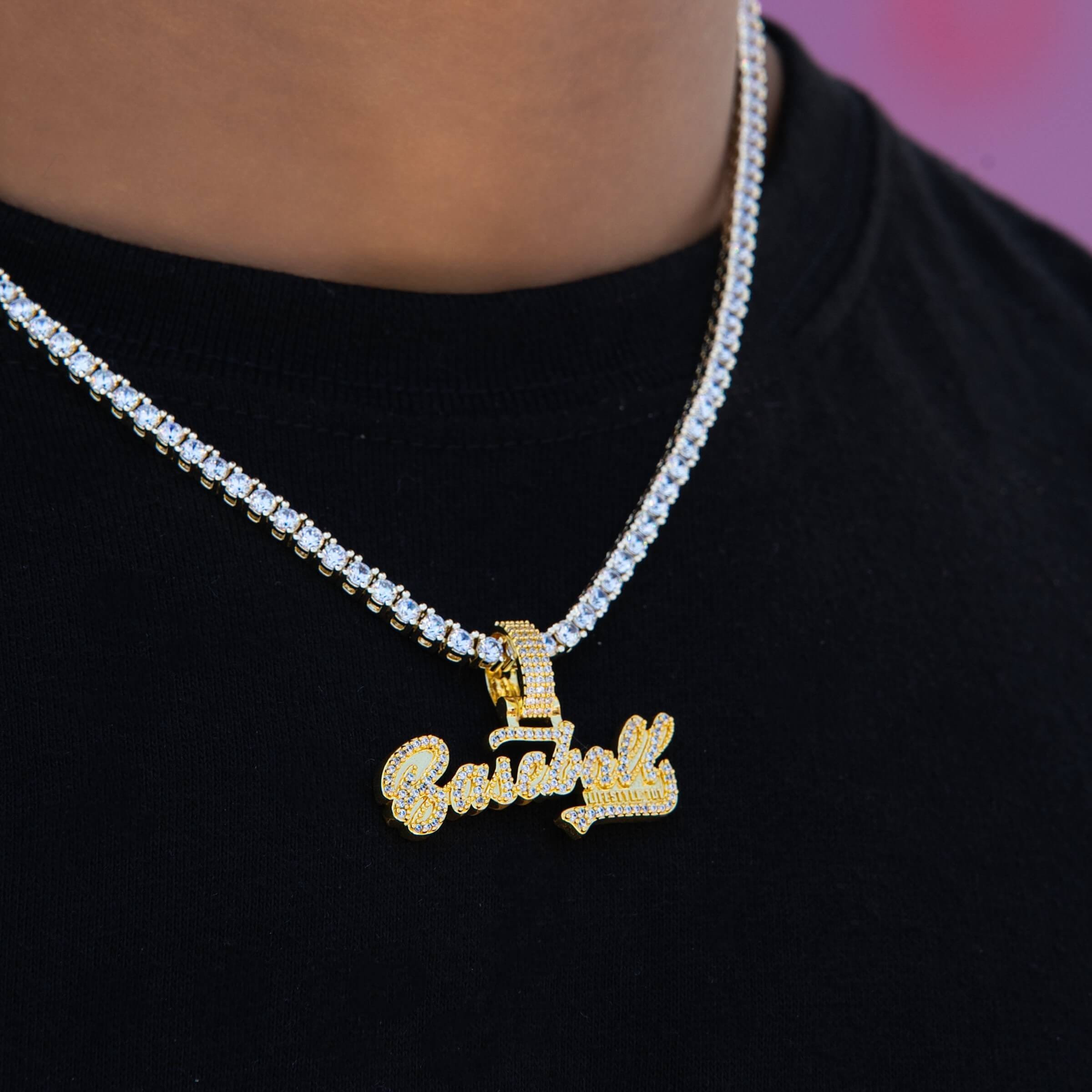 GLD Men Baseball 101 Iced Wordmark Pendant in Yellow Gold