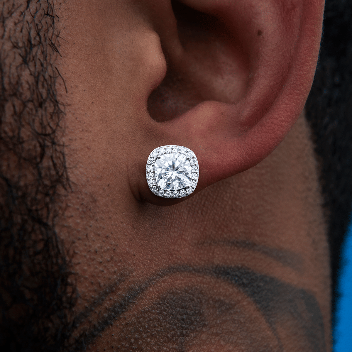 GLD Men Cushion Cut Moissanite Earrings in Sterling Silver
