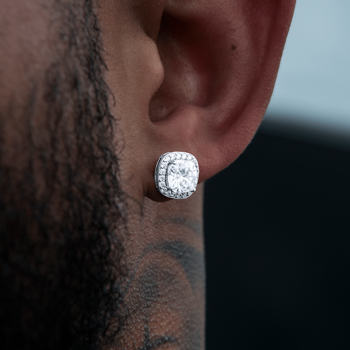 GLD Men Cushion Cut Moissanite Earrings in Sterling Silver