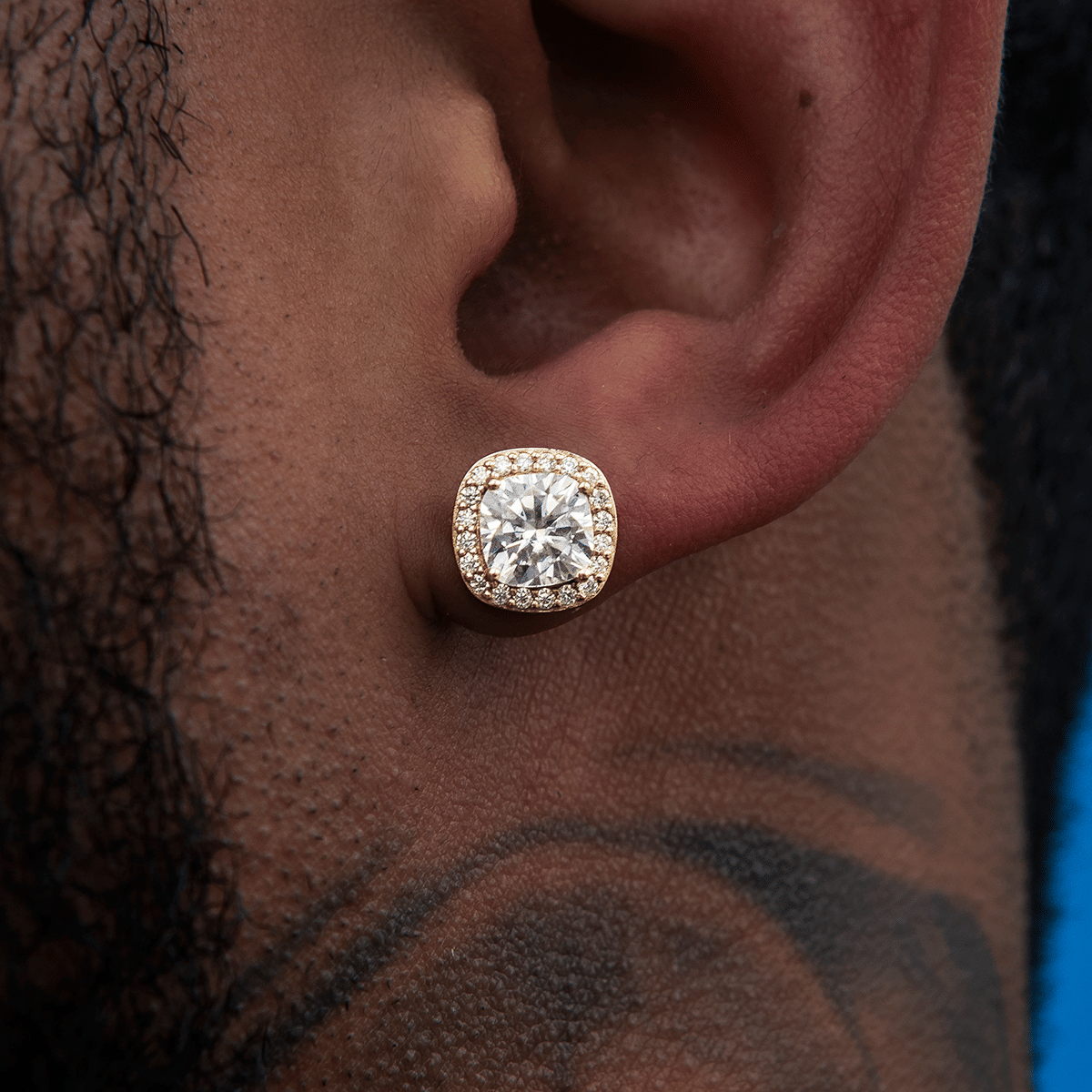 GLD Men Cushion Cut Moissanite Earrings in Yellow Gold Vermeil