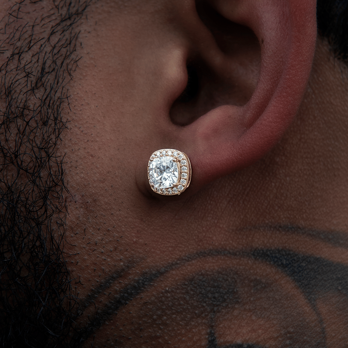 GLD Men Cushion Cut Moissanite Earrings in Yellow Gold Vermeil