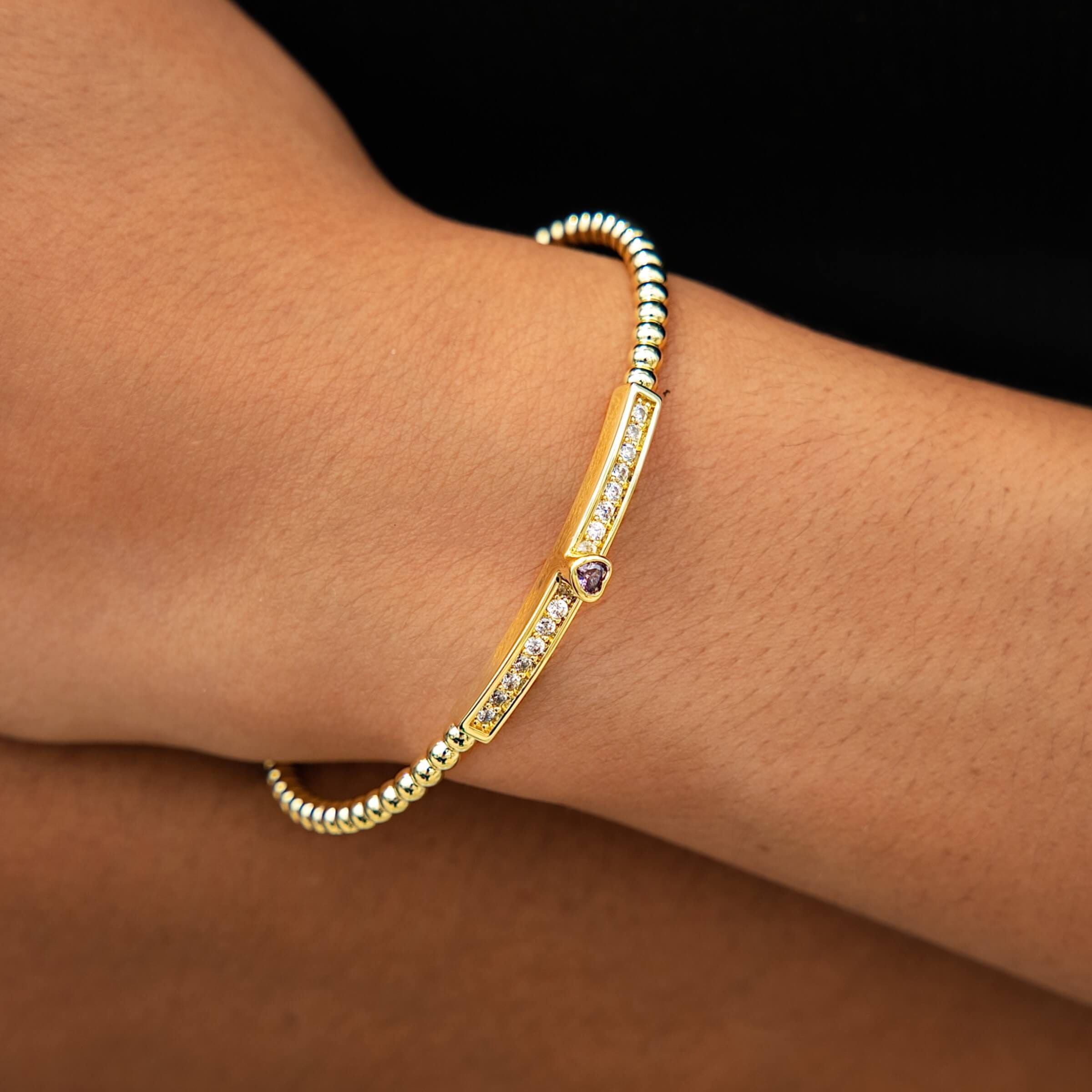 GLD Women Iced Heart Purple Bar Beaded Cuff Bracelet in Yellow Gold