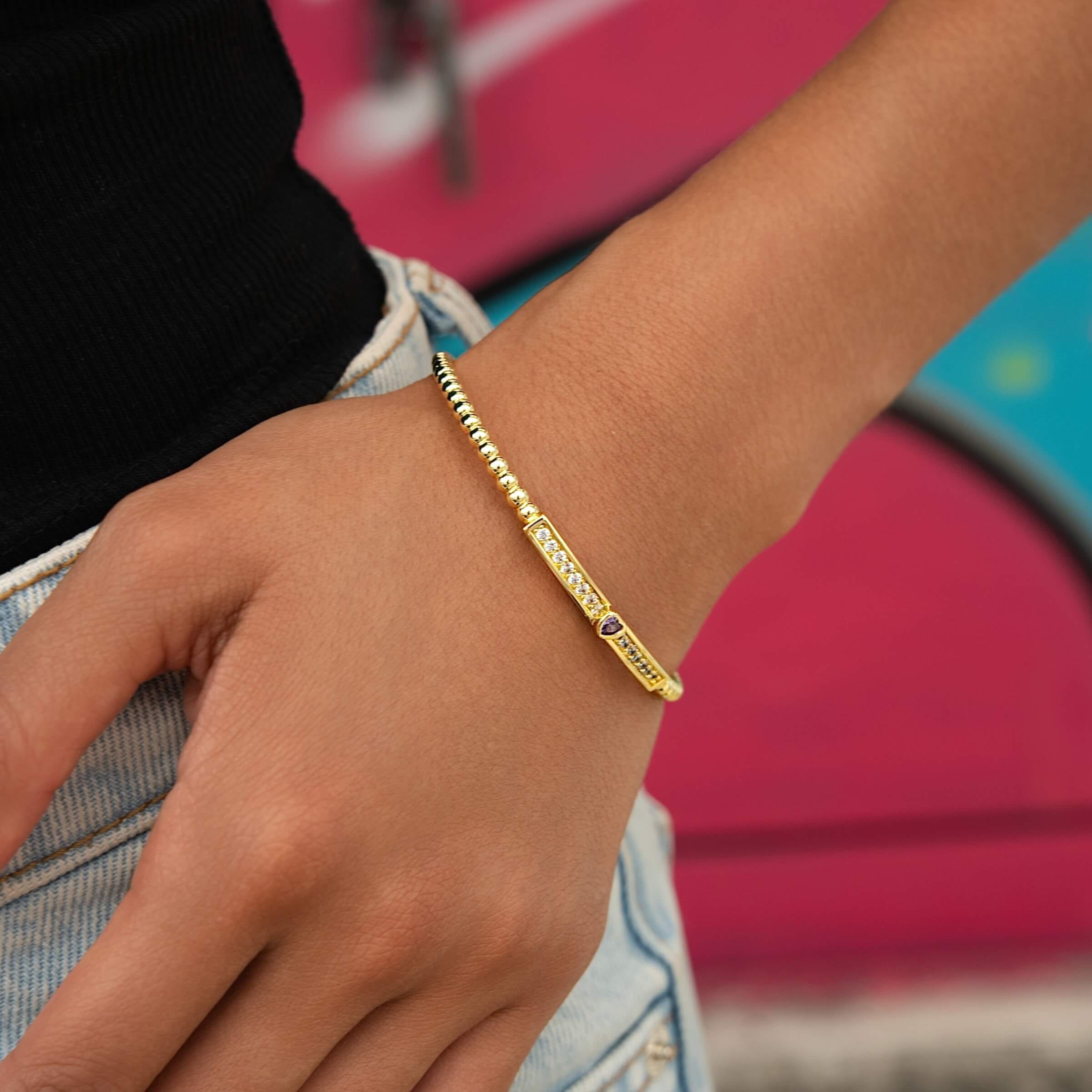 GLD Women Iced Heart Purple Bar Beaded Cuff Bracelet in Yellow Gold