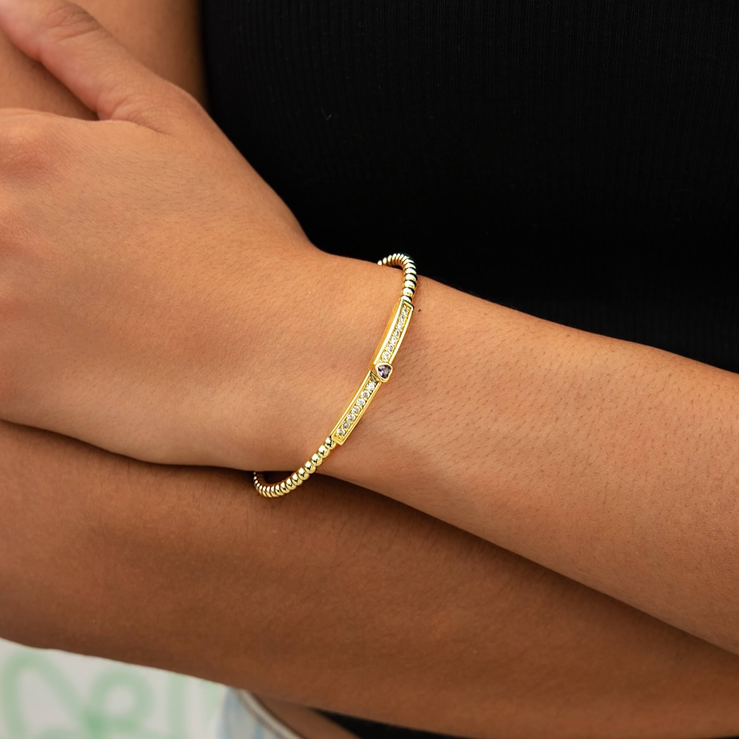GLD Women Iced Heart Purple Bar Beaded Cuff Bracelet in Yellow Gold
